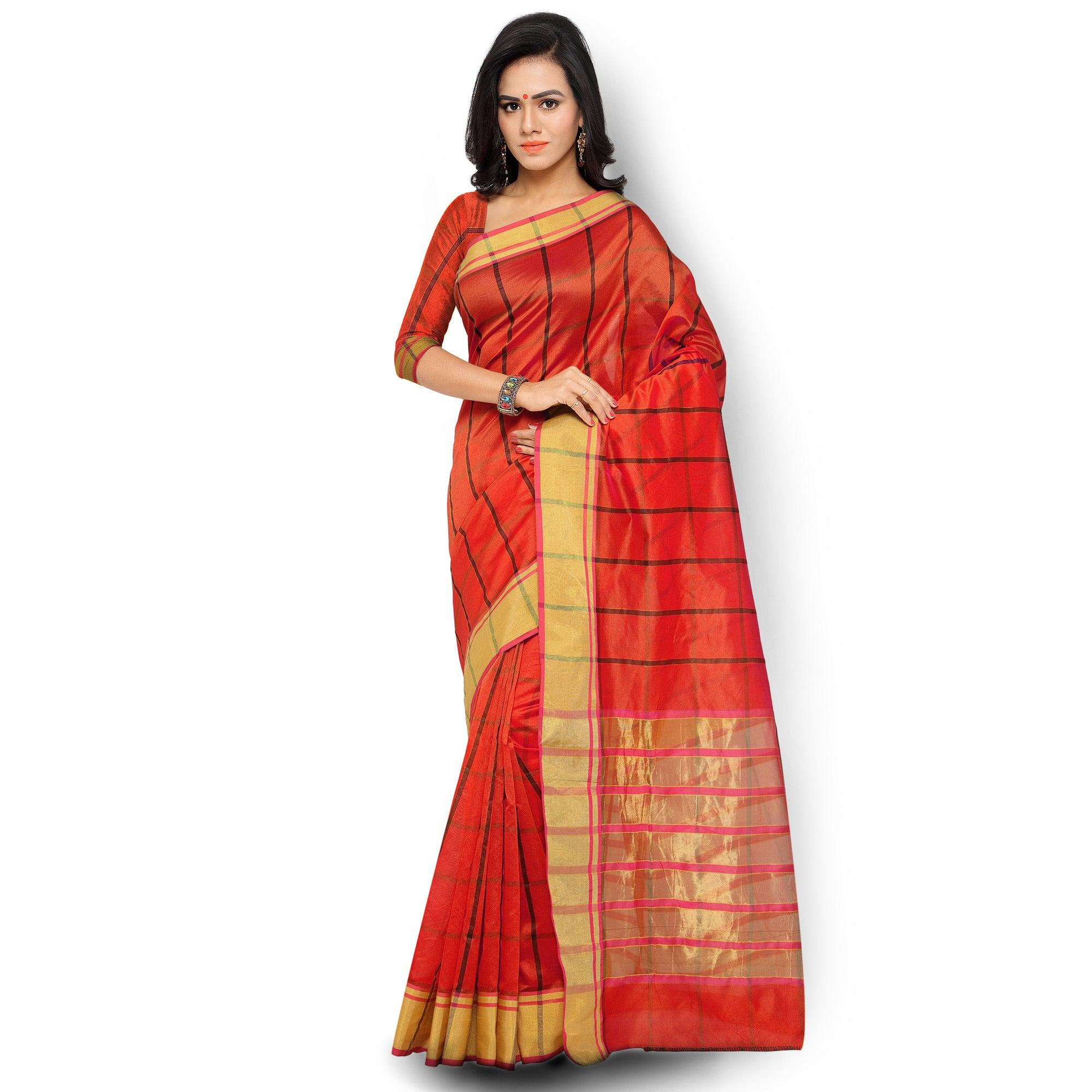 Red Checkered Woven Saree - Peachmode