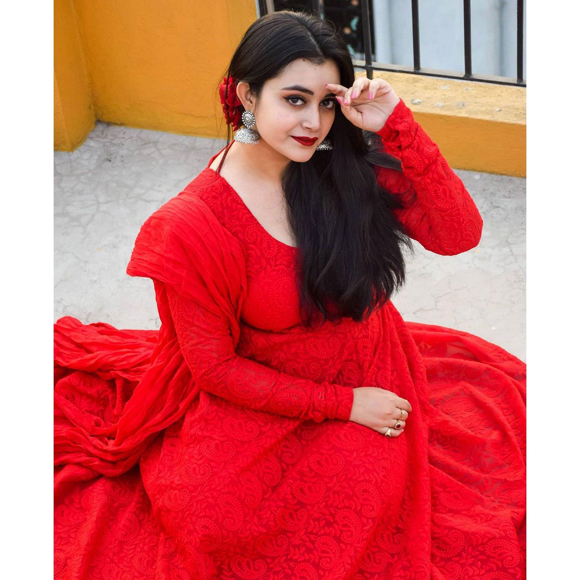 Red Chikankari Work Floor Touch Georgette Partywear Gown - Peachmode