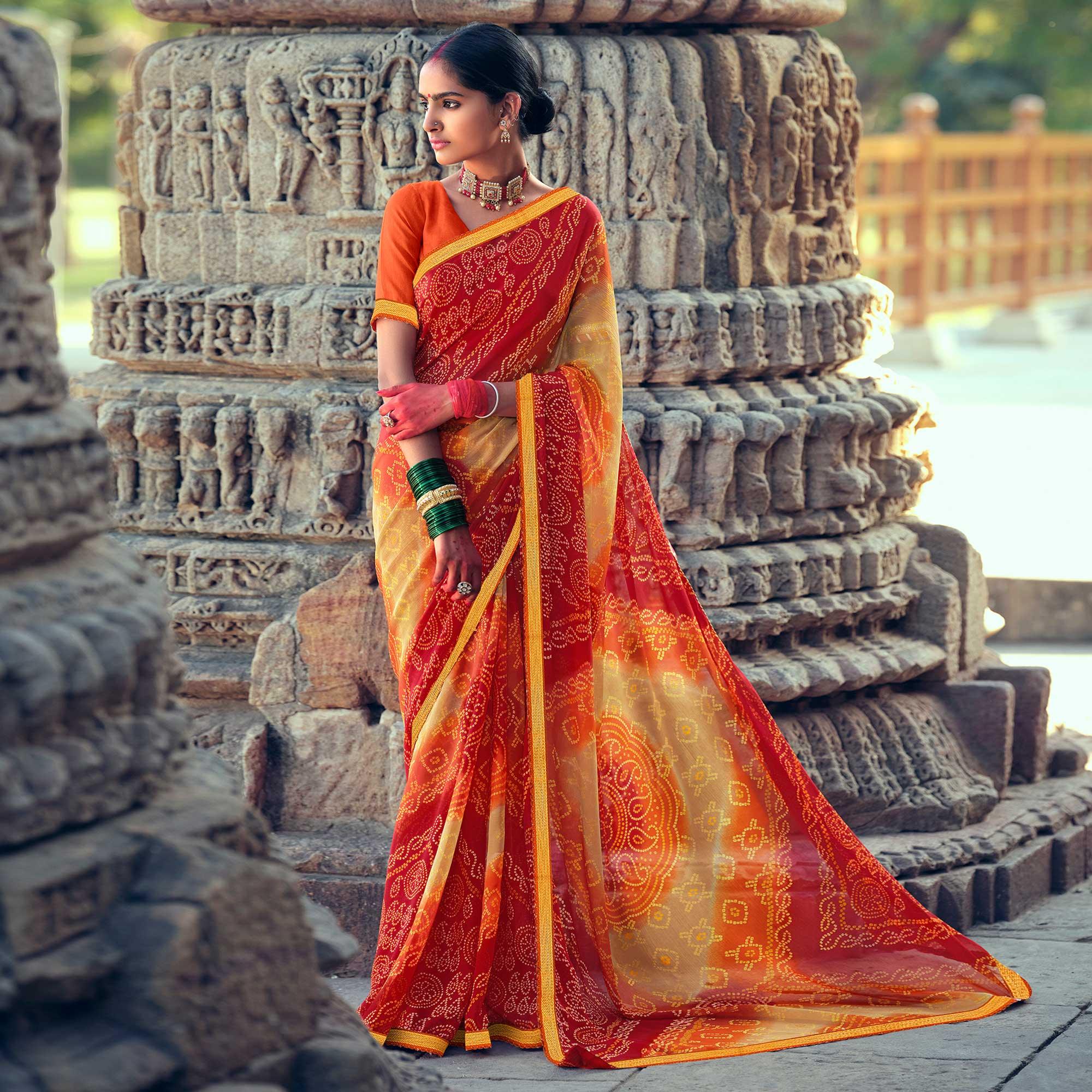 Red-Cream Casual Wear Bandhani Printed Alfino Chiffon Saree - Peachmode