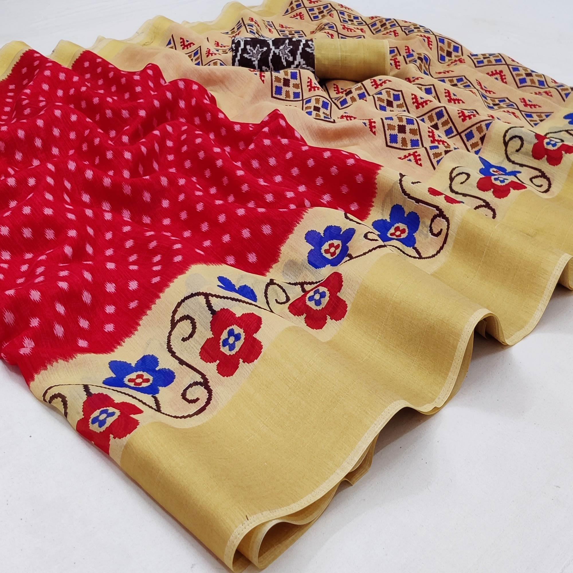 Red-Cream Casual Wear Printed Cotton Saree With Jari Border - Peachmode