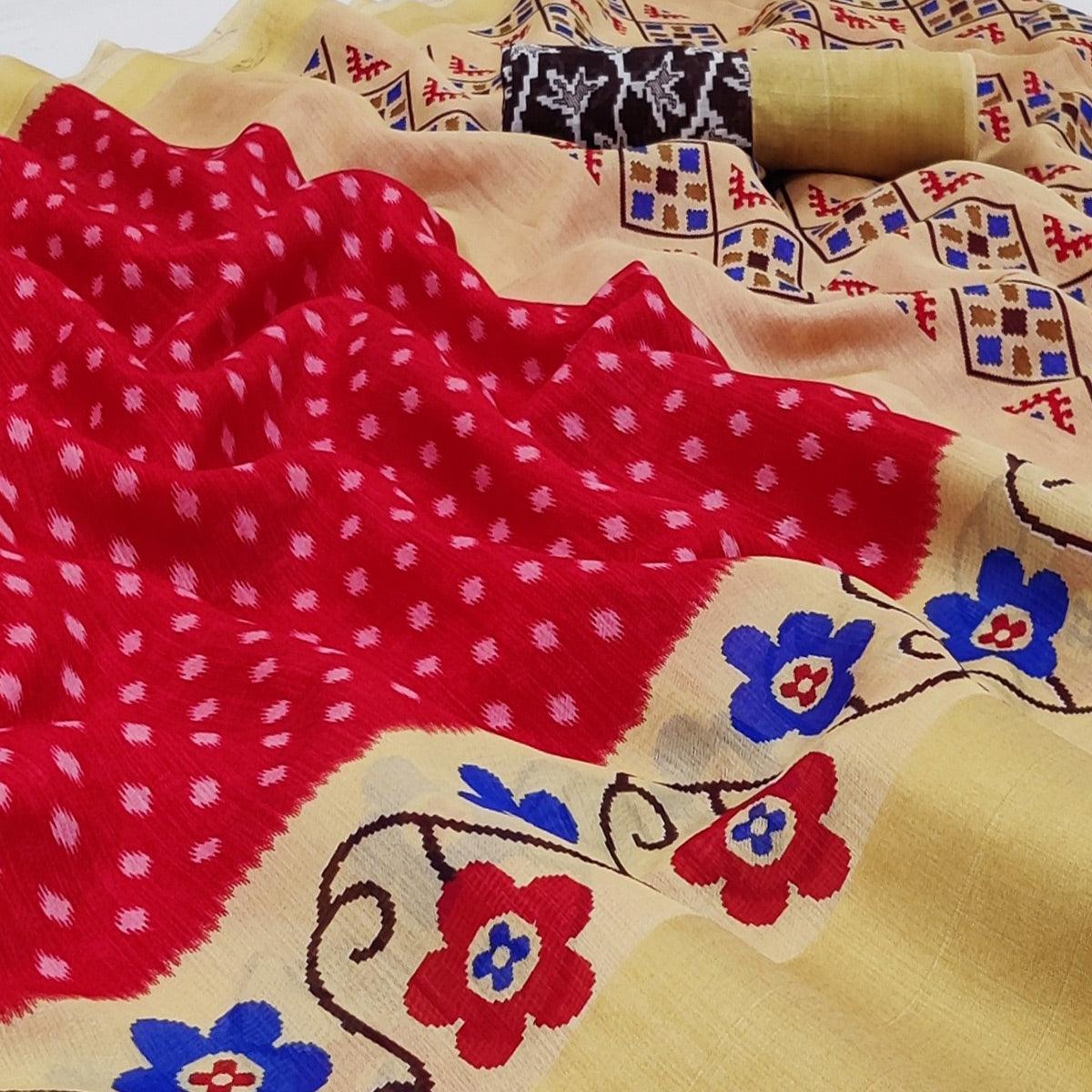 Red-Cream Casual Wear Printed Cotton Saree With Jari Border - Peachmode