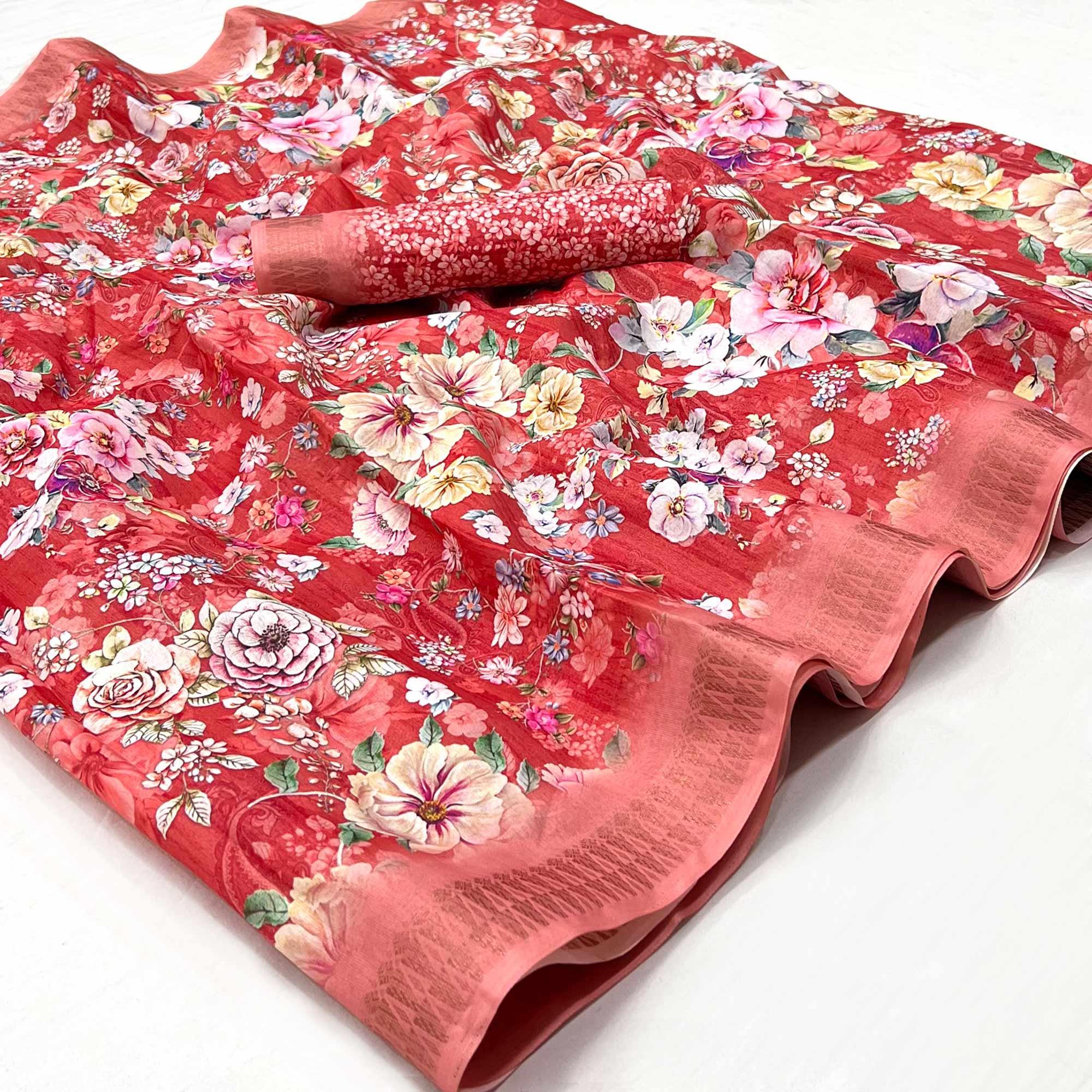 Red Digital Printed Cotton Silk Saree - Peachmode