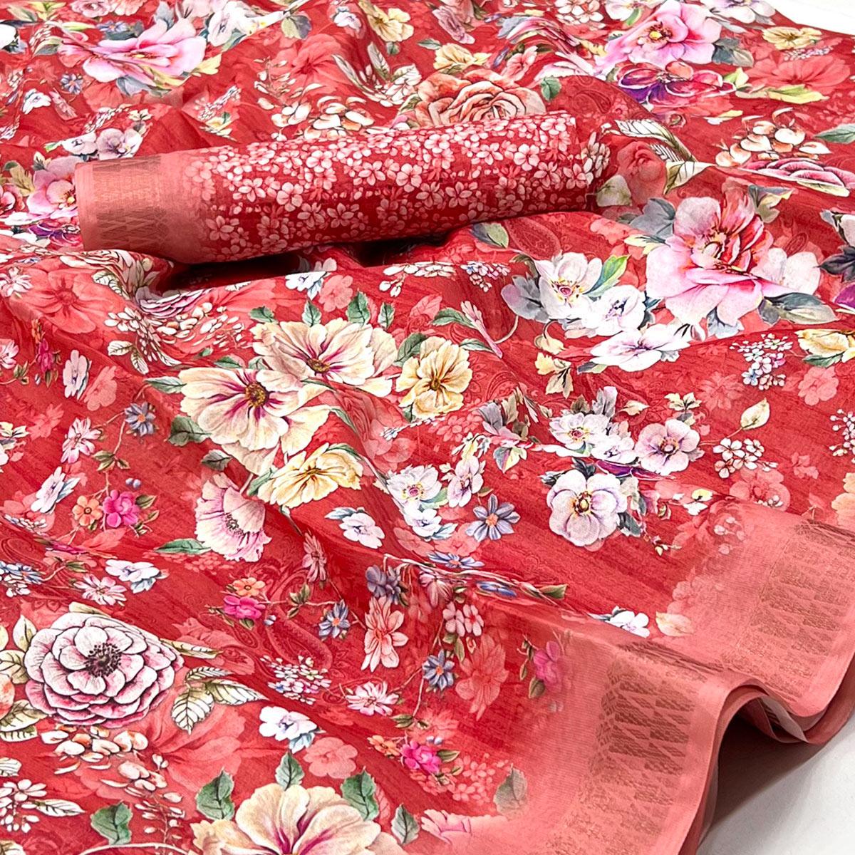 Red Digital Printed Cotton Silk Saree - Peachmode