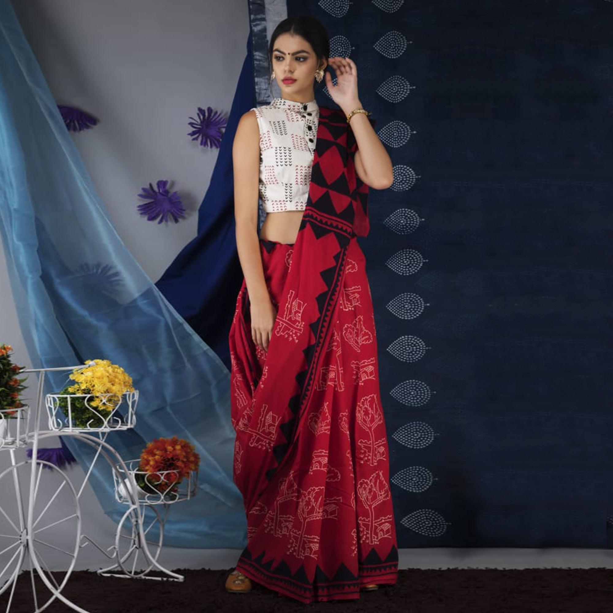 Red Digital Printed Linen Saree - Peachmode