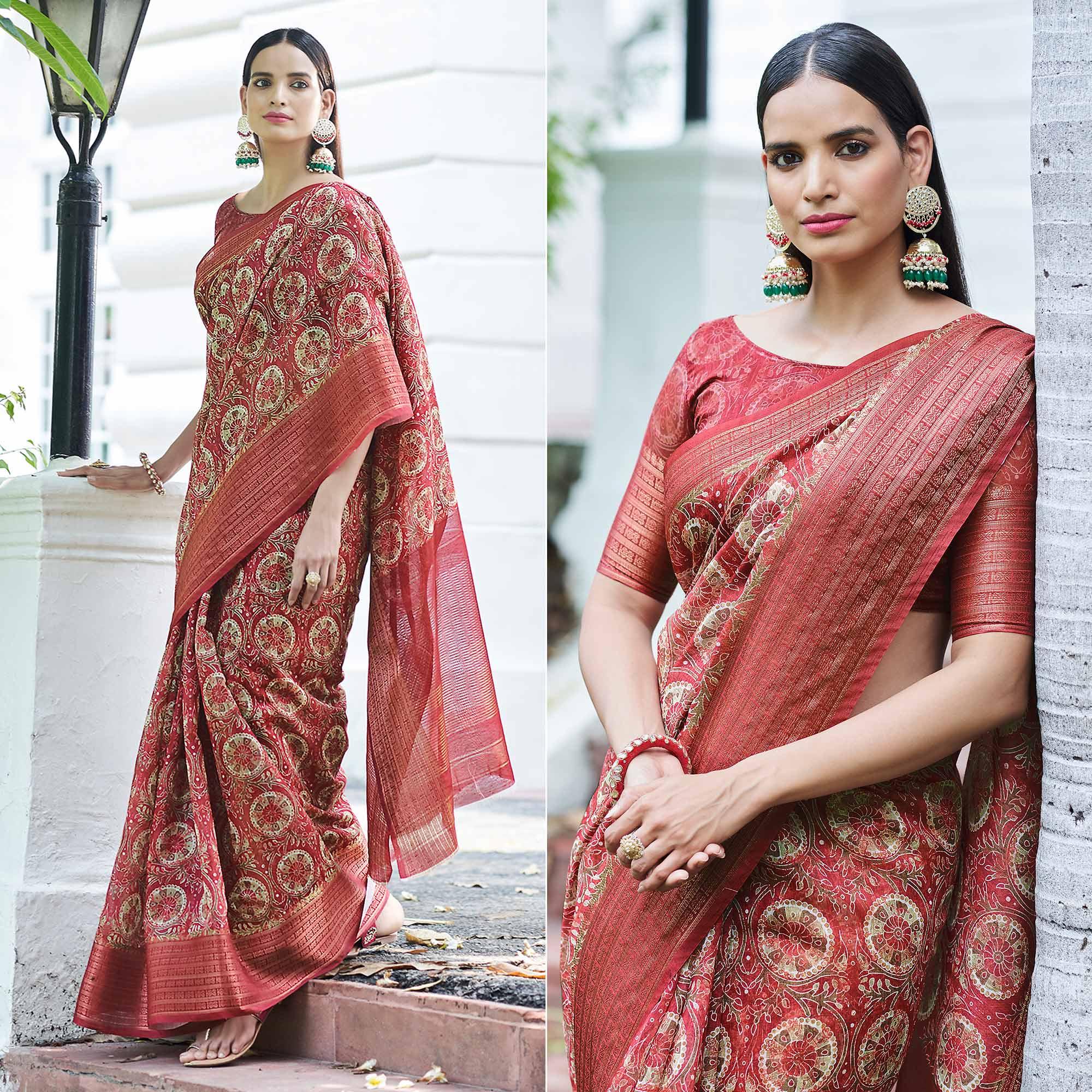 Red Digital Printed Linen Saree - Peachmode