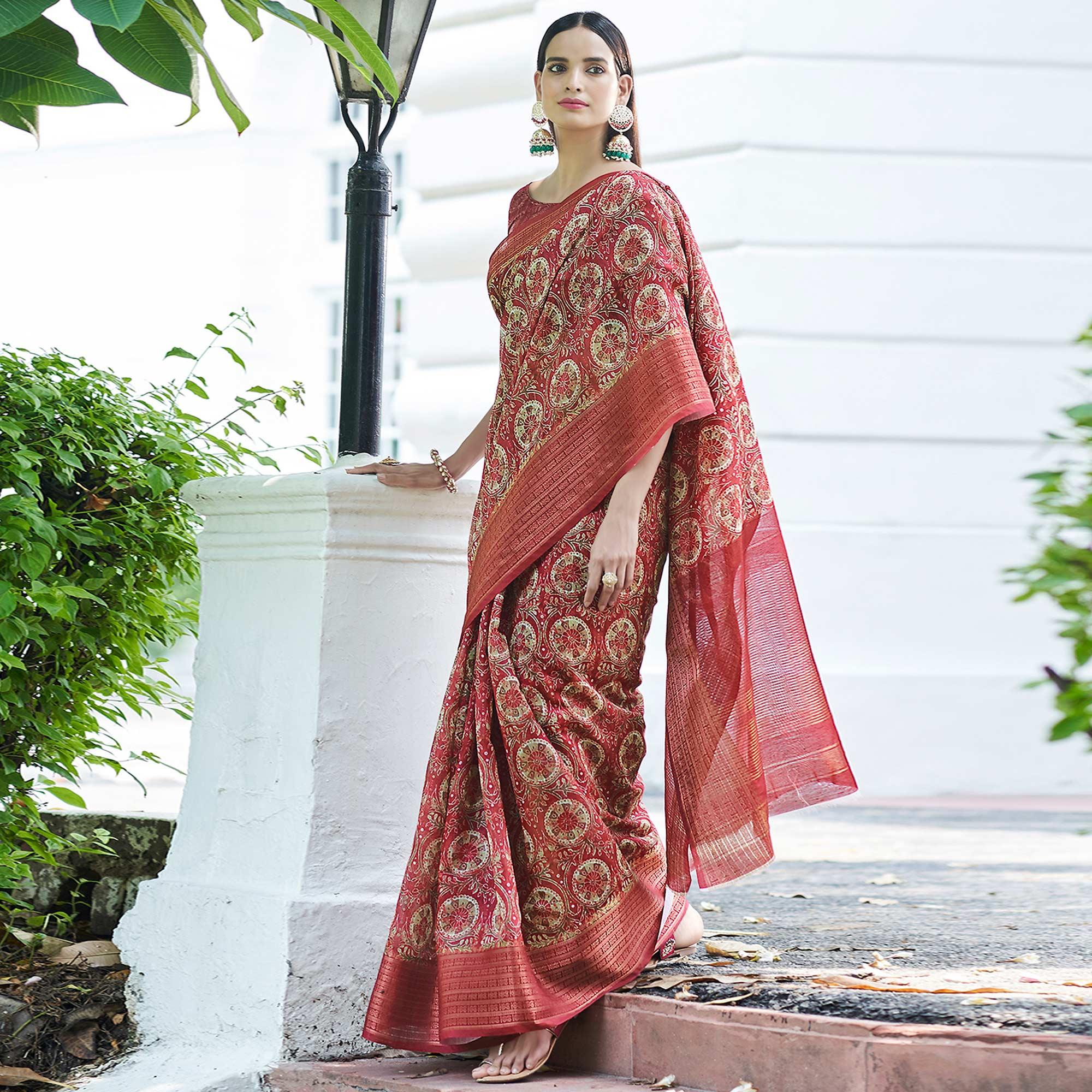 Red Digital Printed Linen Saree - Peachmode