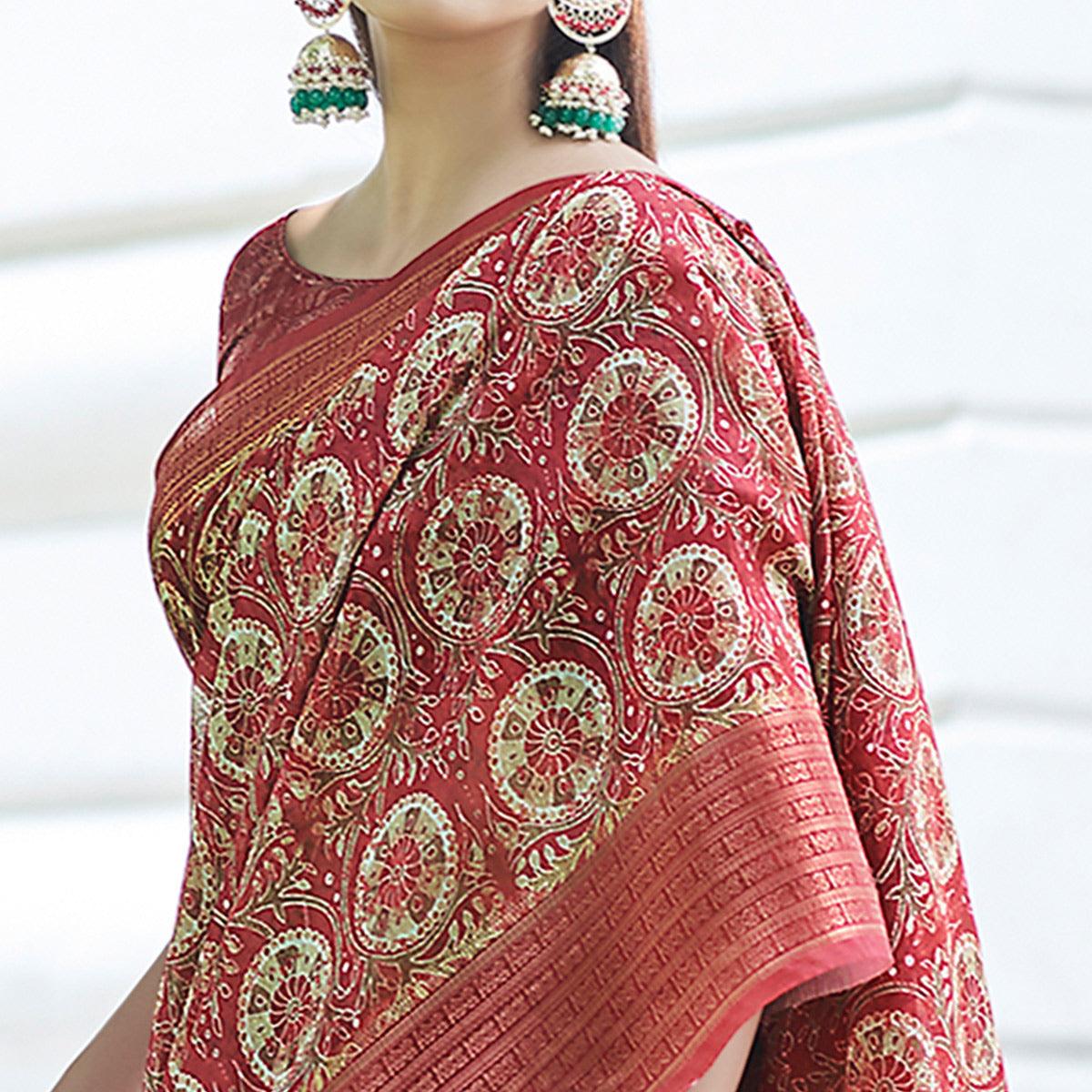 Red Digital Printed Linen Saree - Peachmode