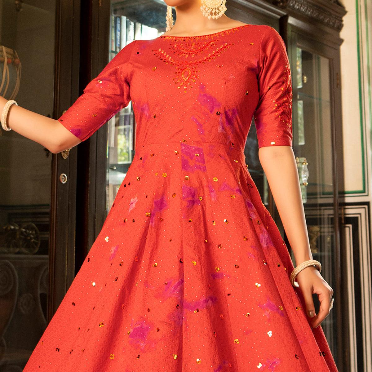 Red Digital Printed With Sequence Embroidered Poly Cotton Gown - Peachmode