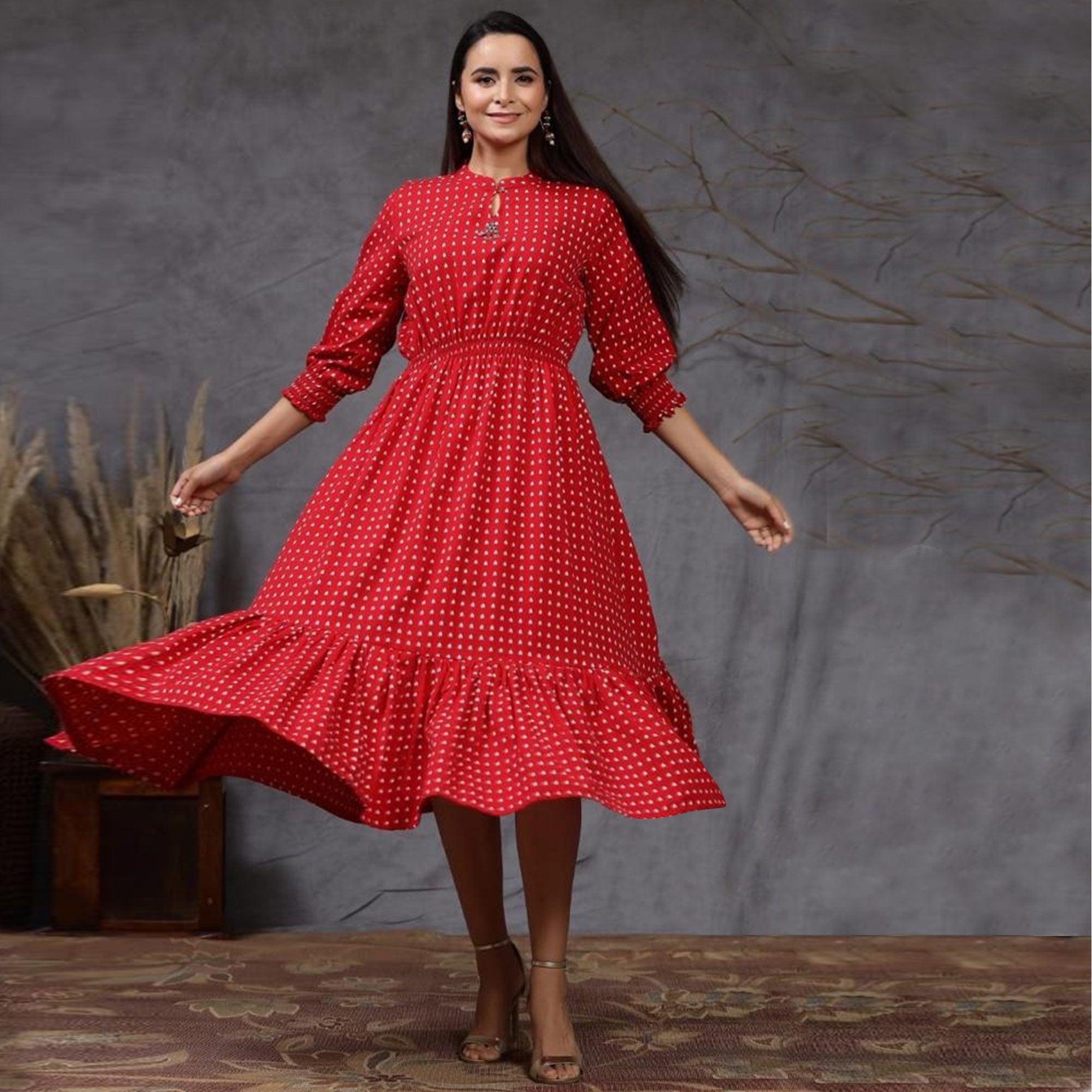 Red Dot Printed Pure Cotton Western Dress - Peachmode