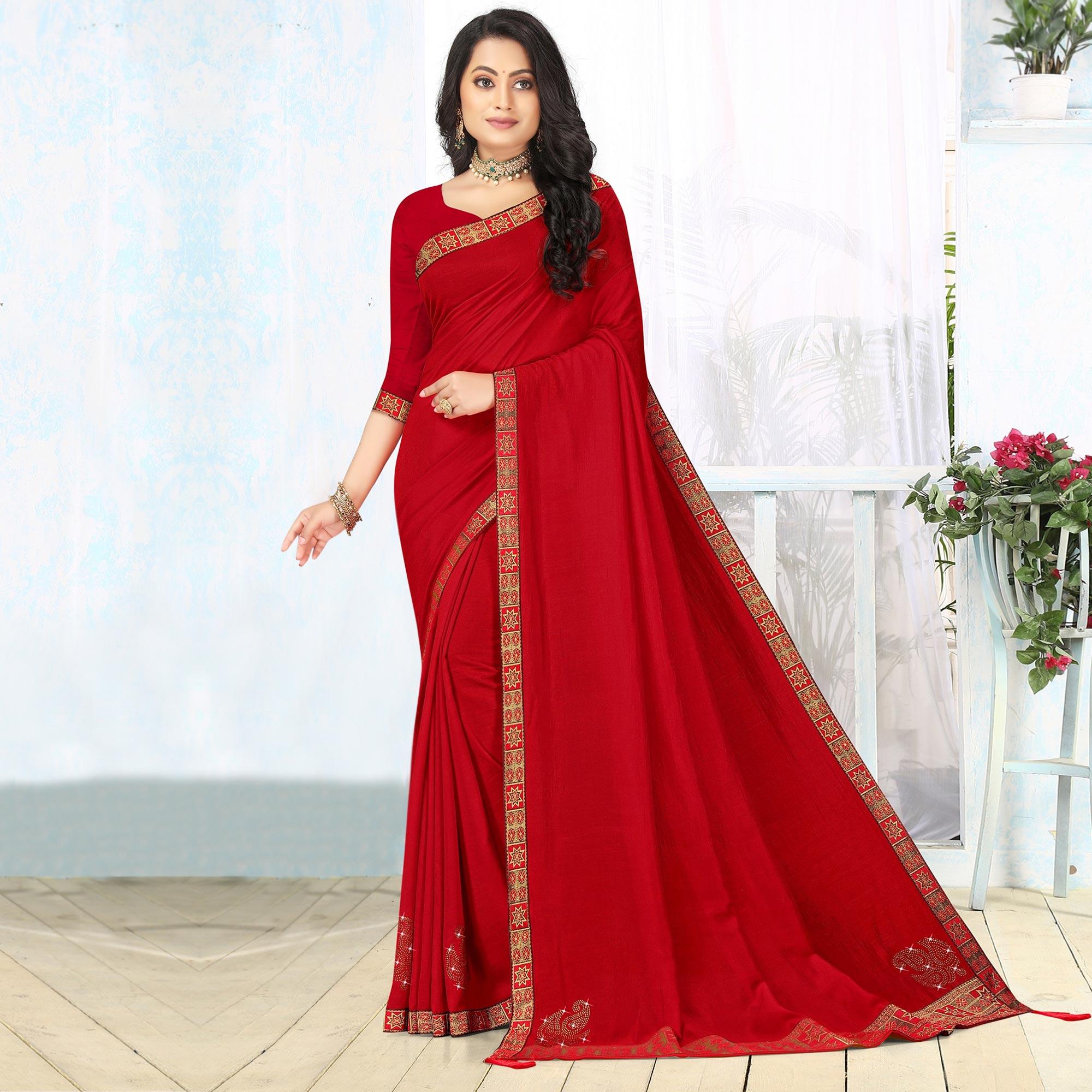 Red Embellished Vichitra Silk Saree - Peachmode