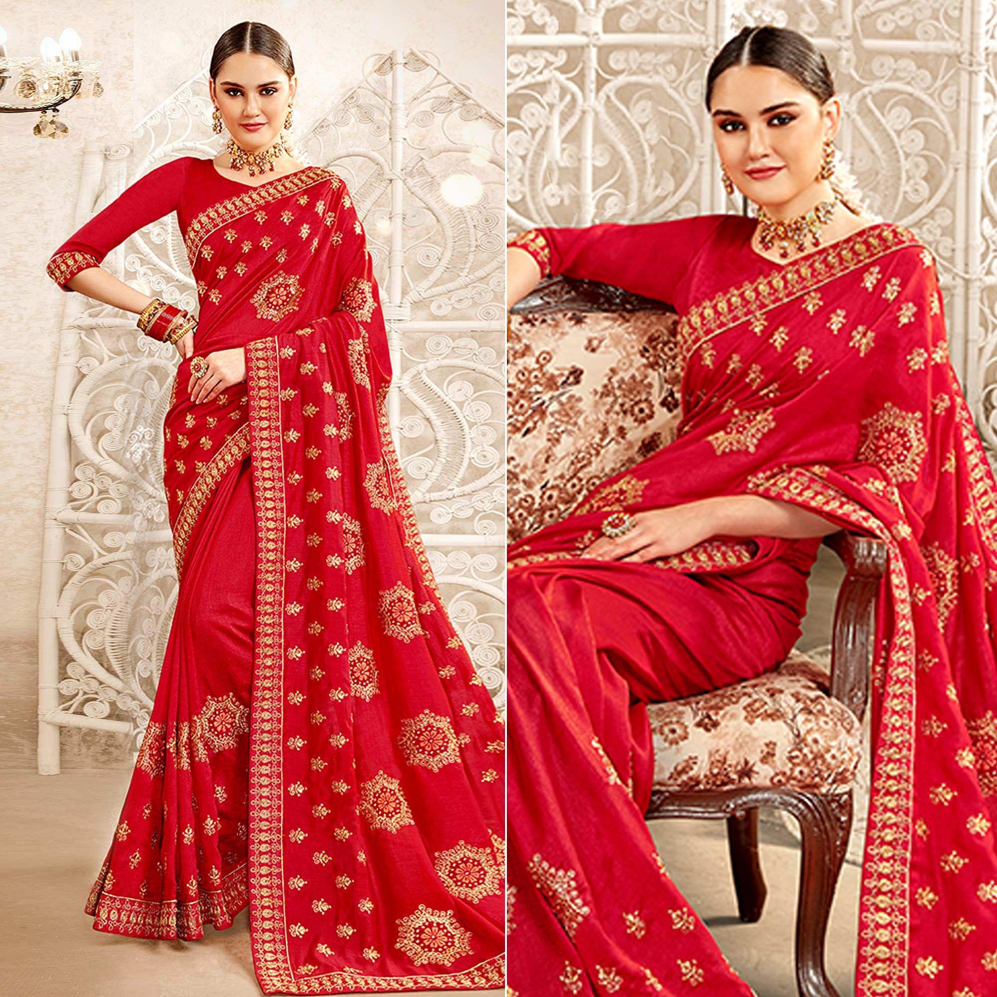 Red Embellished With Embroidered Art Silk Saree - Peachmode