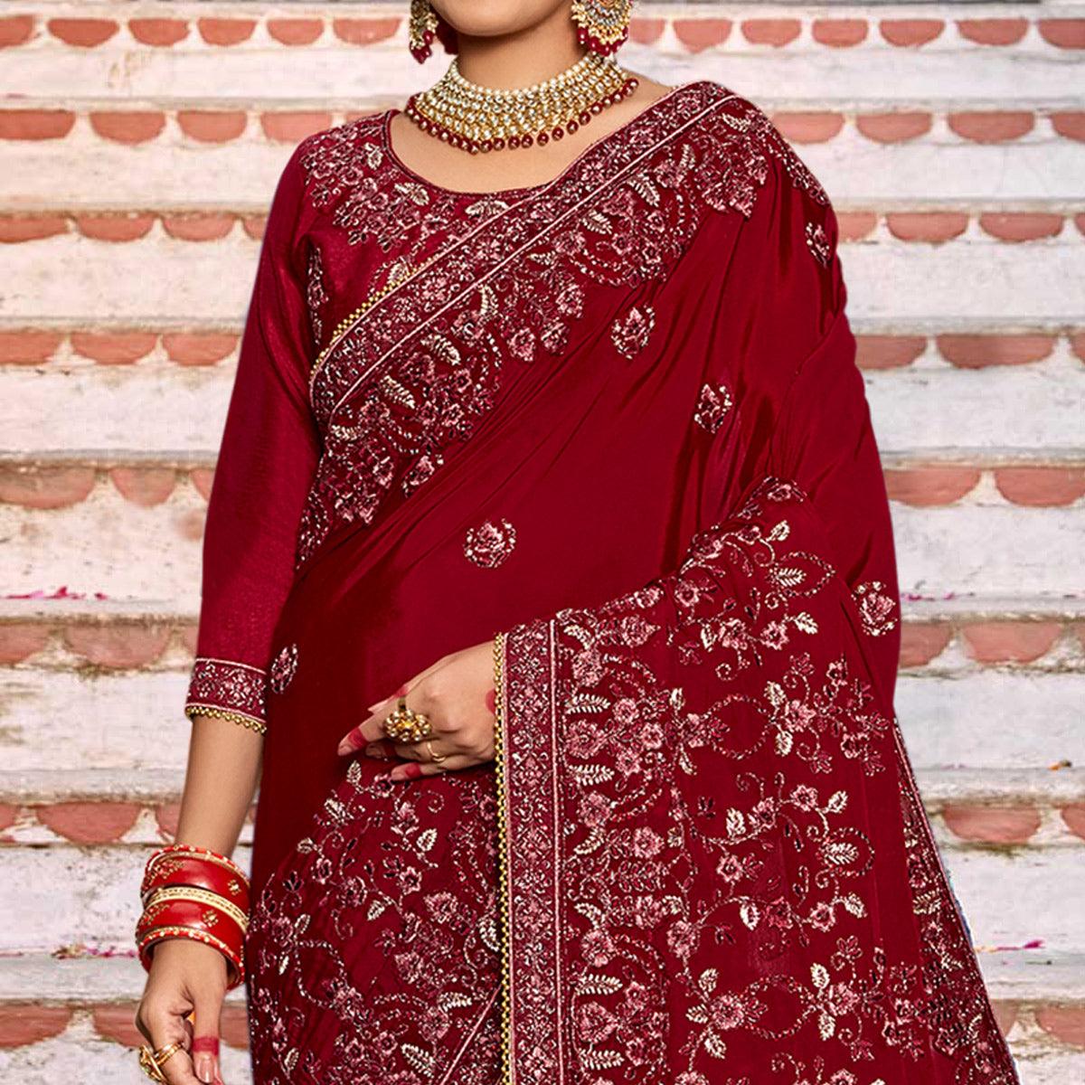 Red Embellished With Embroidered Art Silk Saree - Peachmode