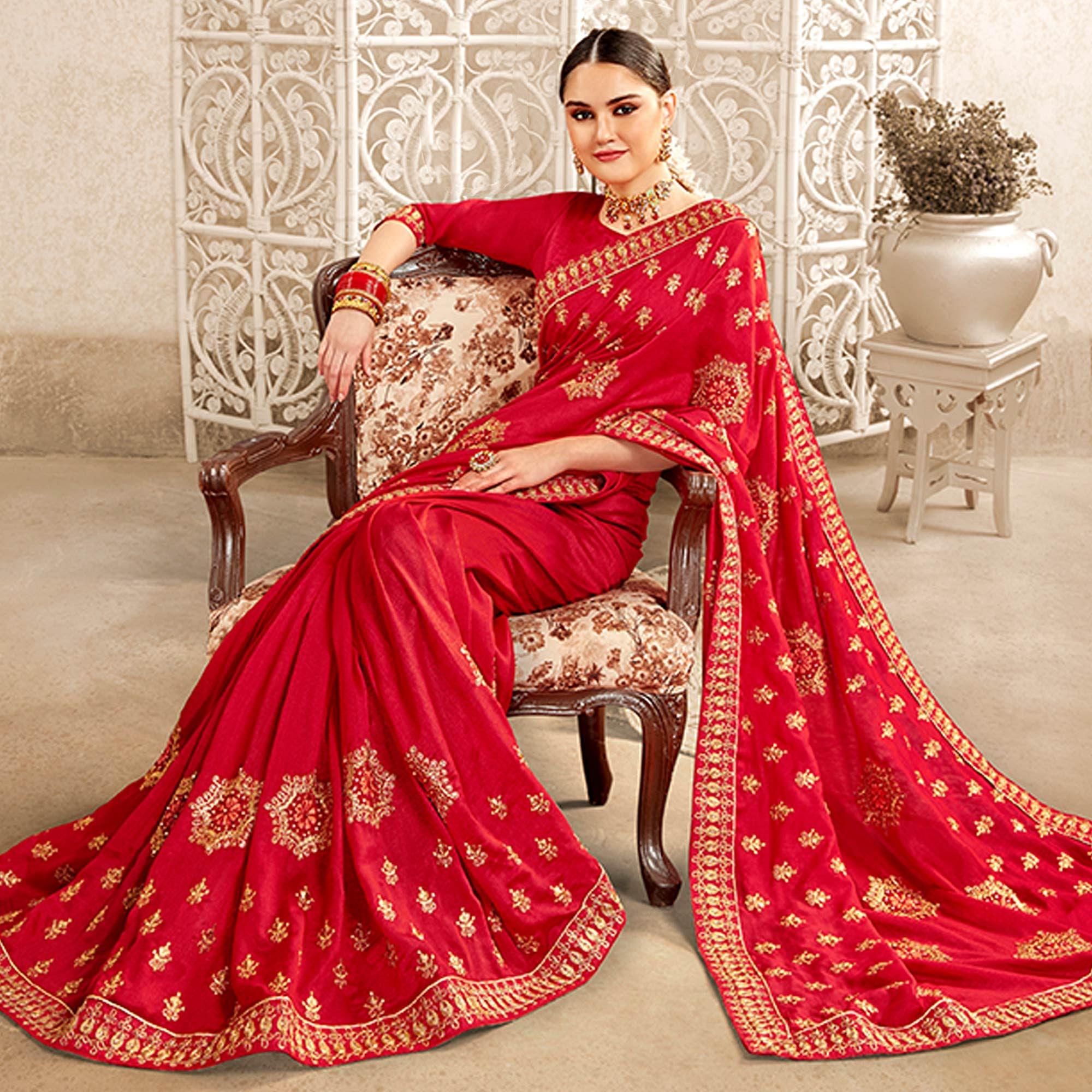 Red Embellished With Embroidered Art Silk Saree - Peachmode