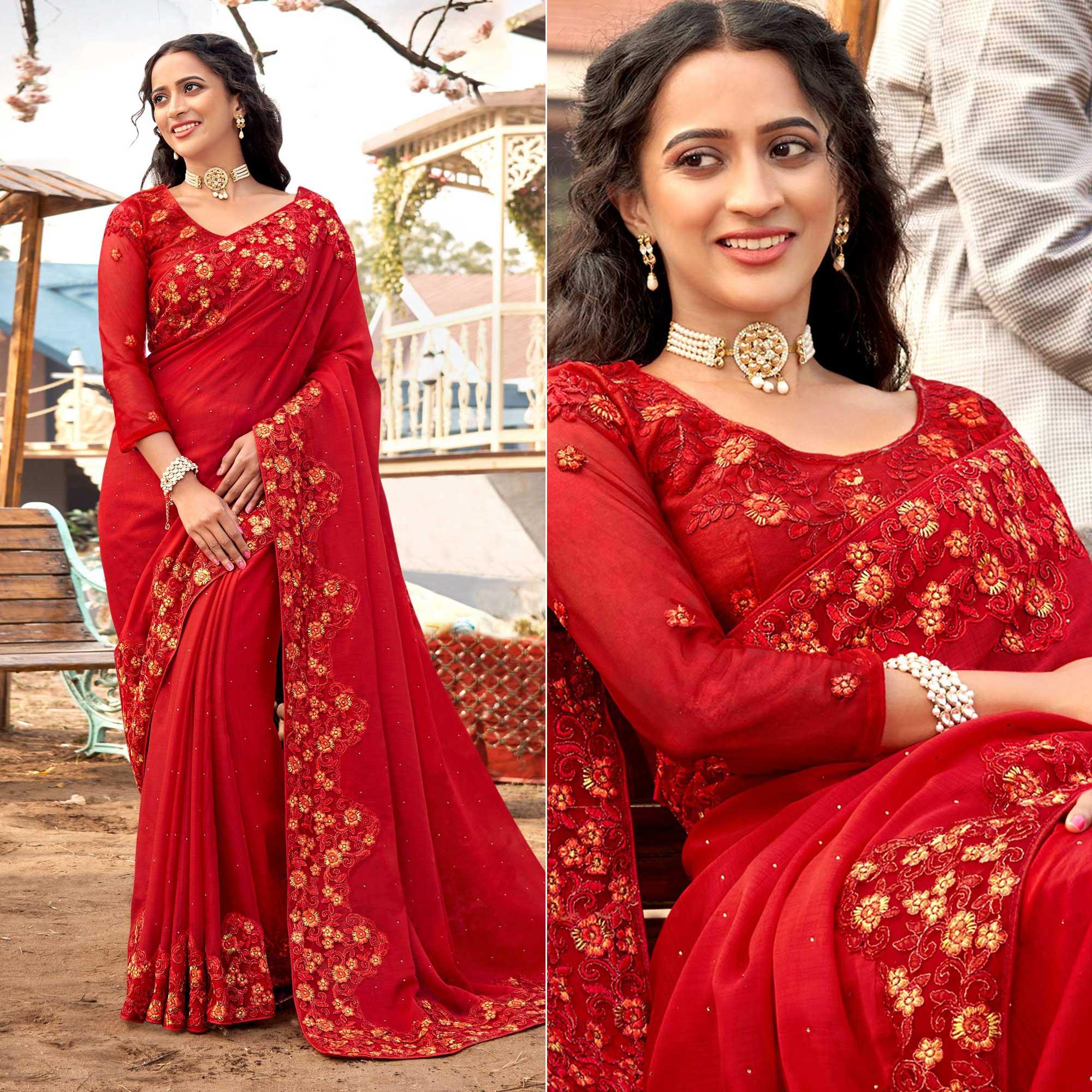 Red Embellished With Embroidered Chiffon Saree - Peachmode