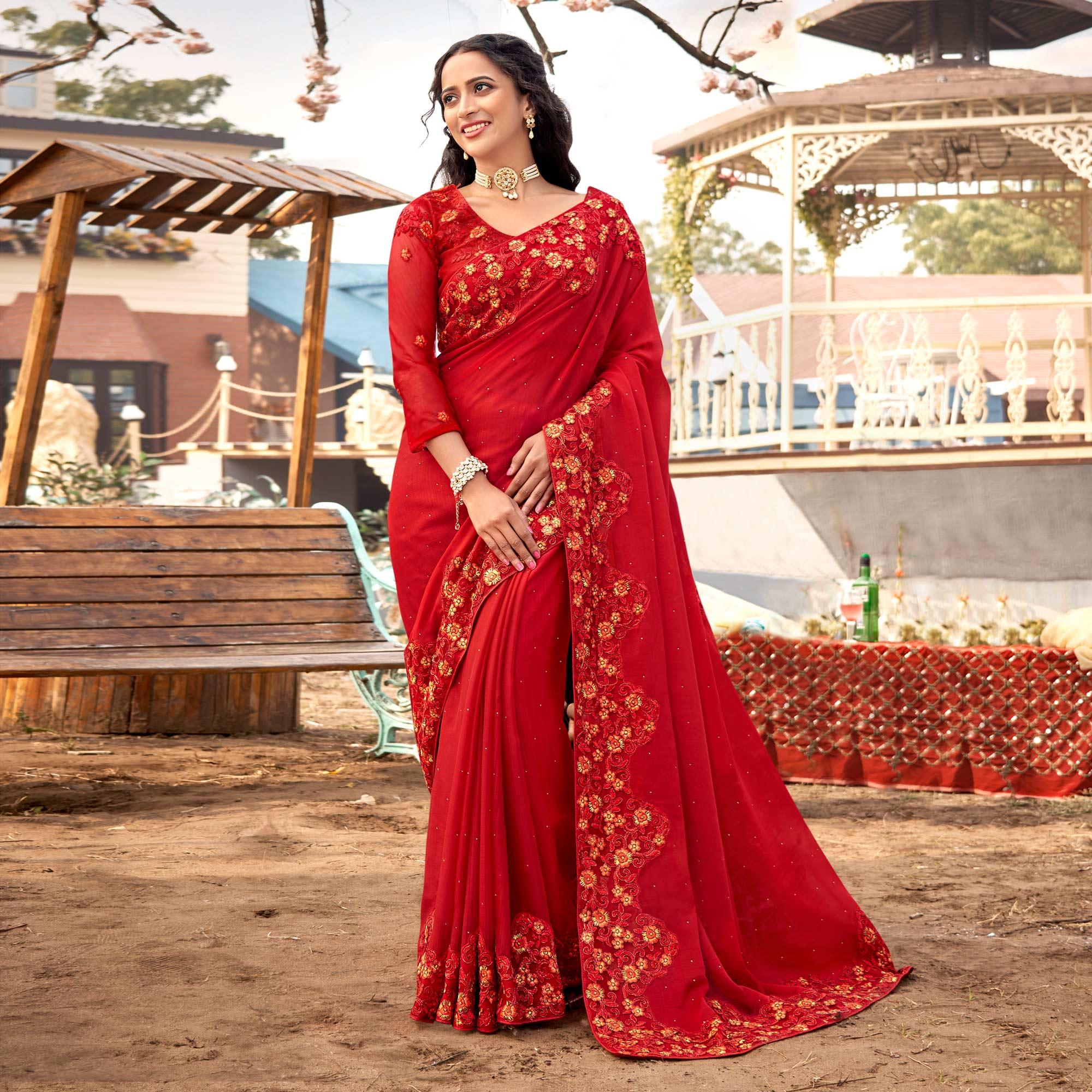 Red Embellished With Embroidered Chiffon Saree - Peachmode