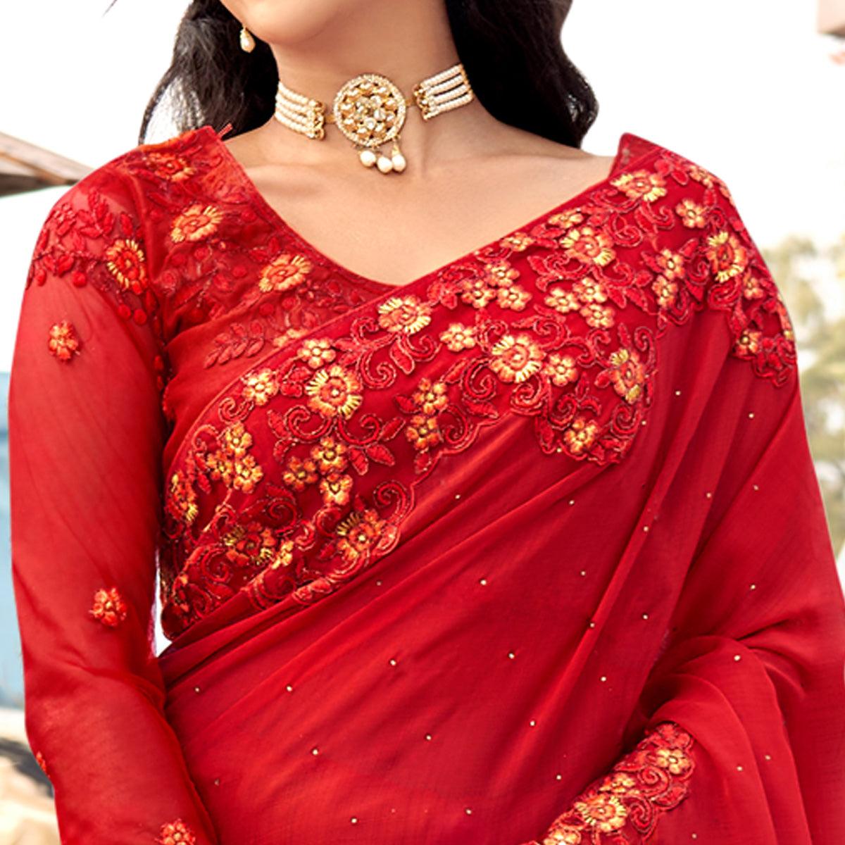 Red Embellished With Embroidered Chiffon Saree - Peachmode