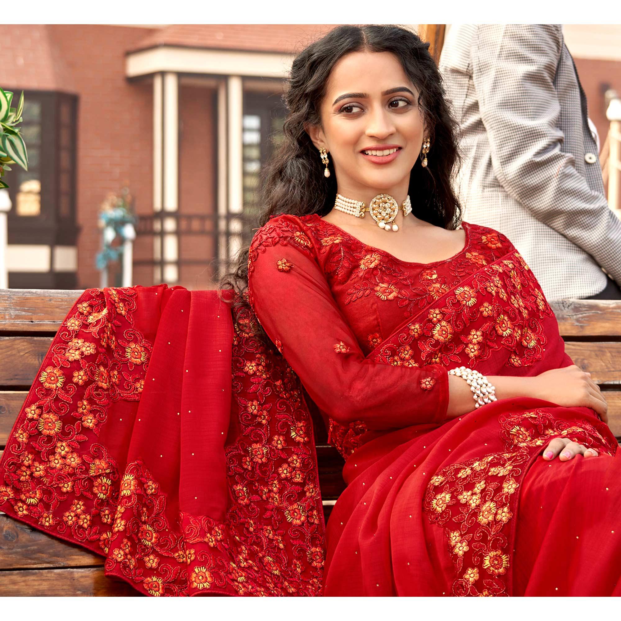 Red Embellished With Embroidered Chiffon Saree - Peachmode