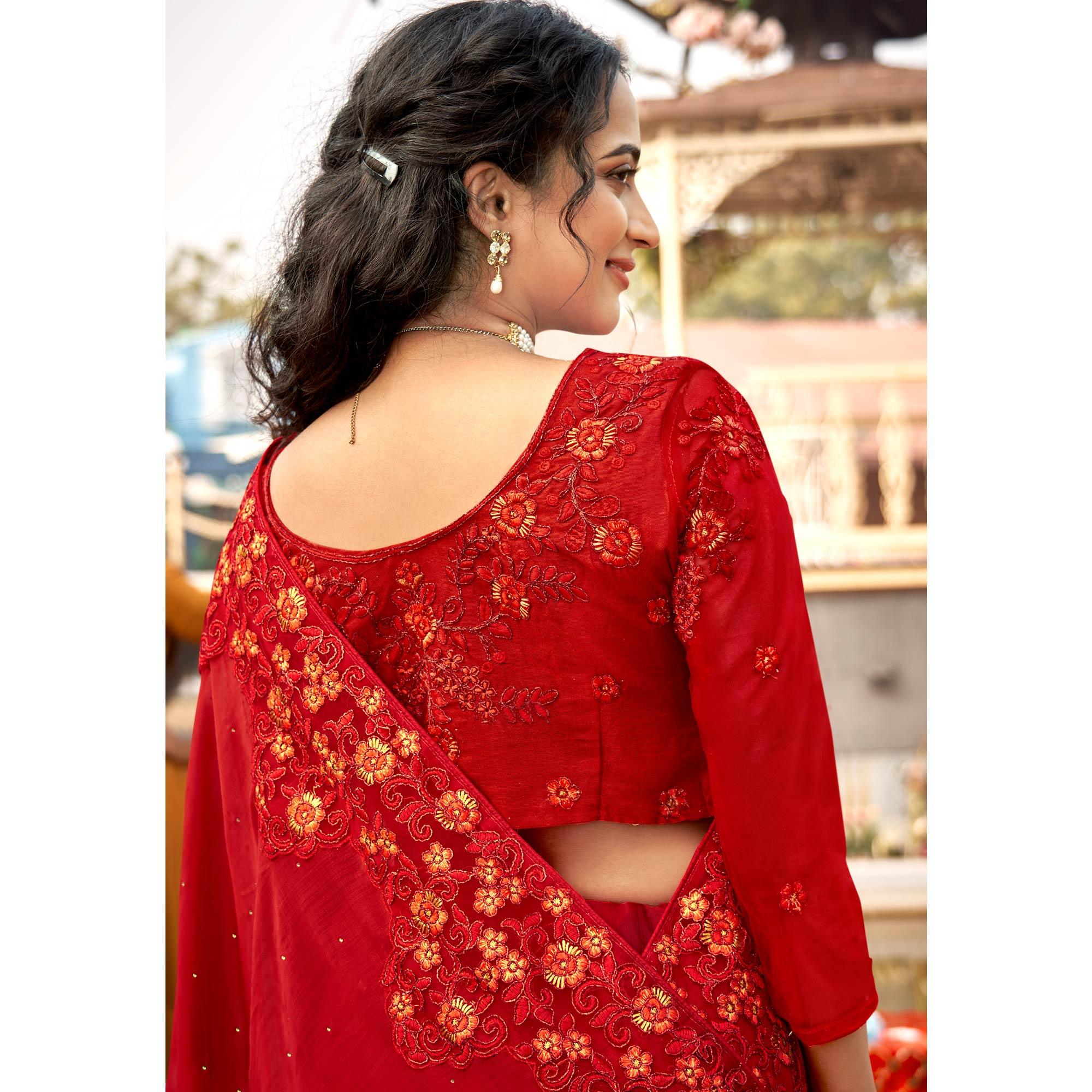 Red Embellished With Embroidered Chiffon Saree - Peachmode