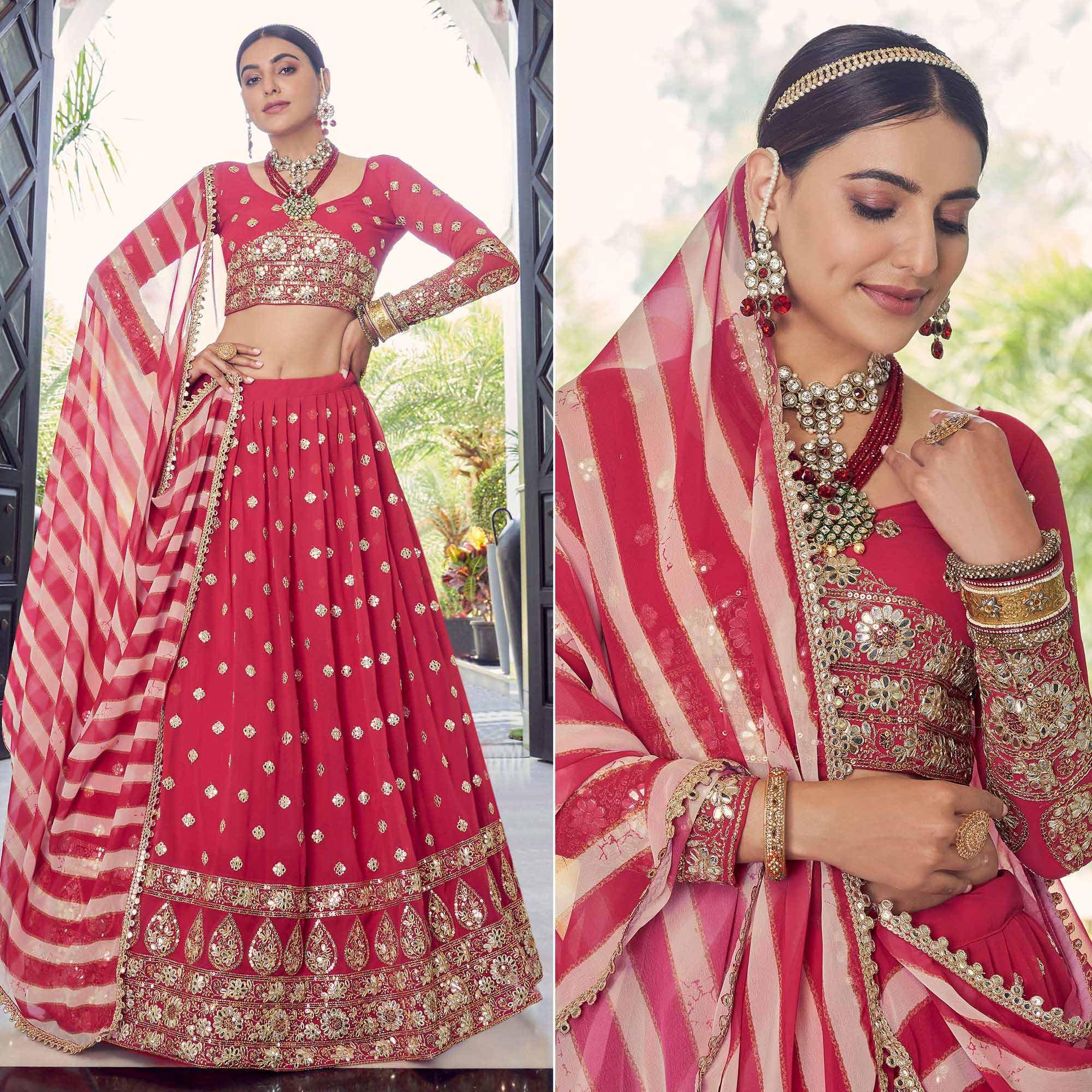 Red Embellished With Embroidered Georgette Lehenga Choli - Peachmode