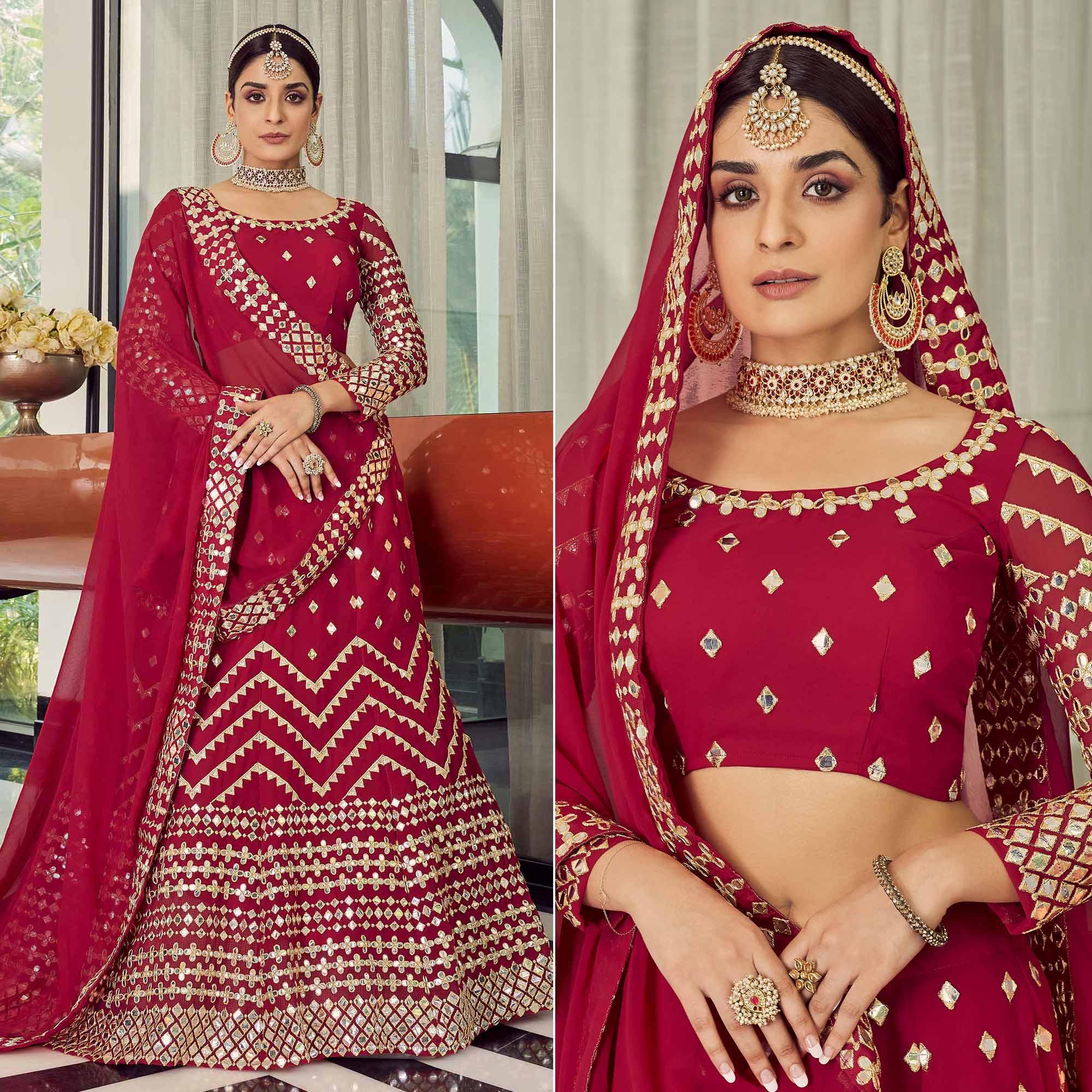 Red Embellished With Embroidered Georgette Lehenga Choli - Peachmode