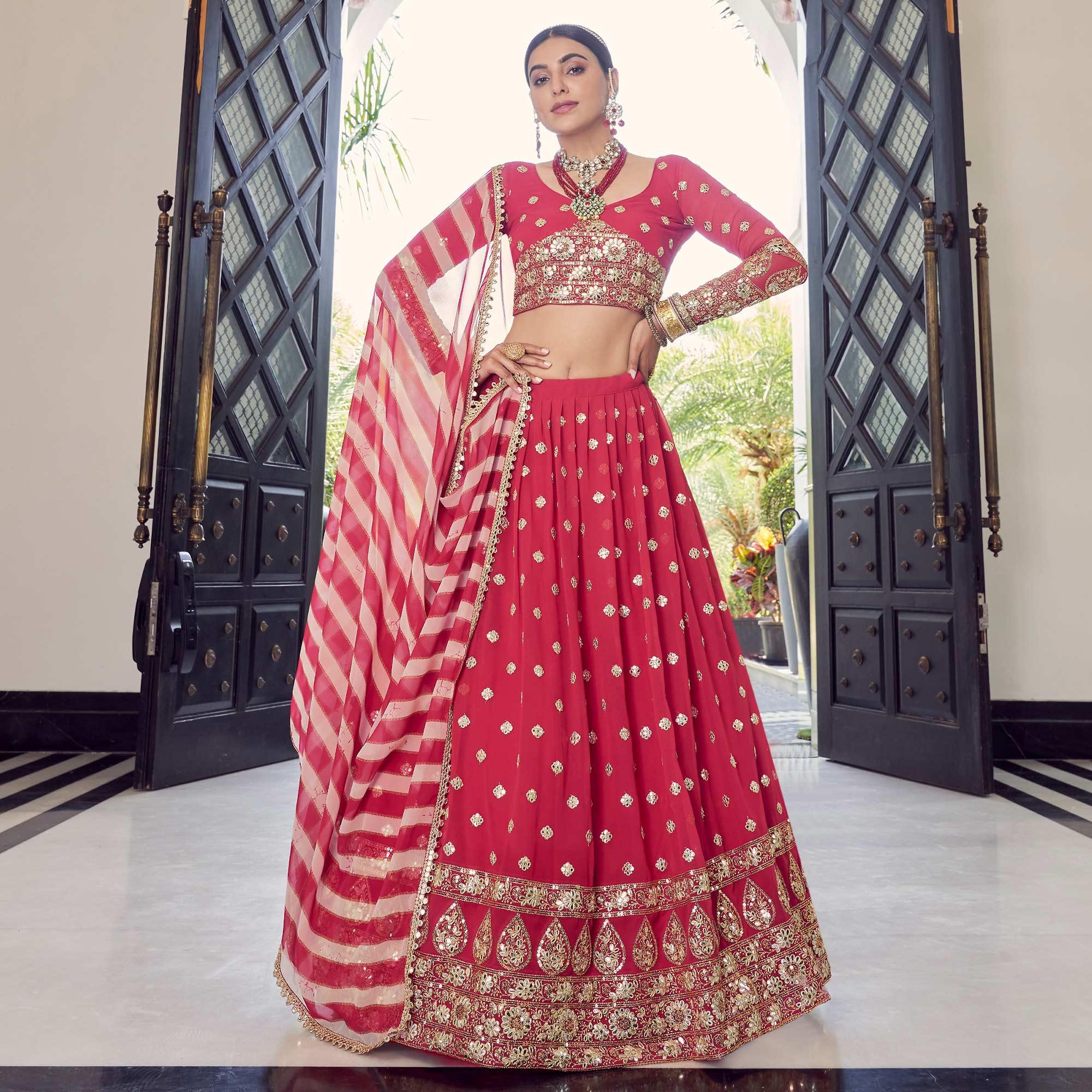 Red Embellished With Embroidered Georgette Lehenga Choli - Peachmode