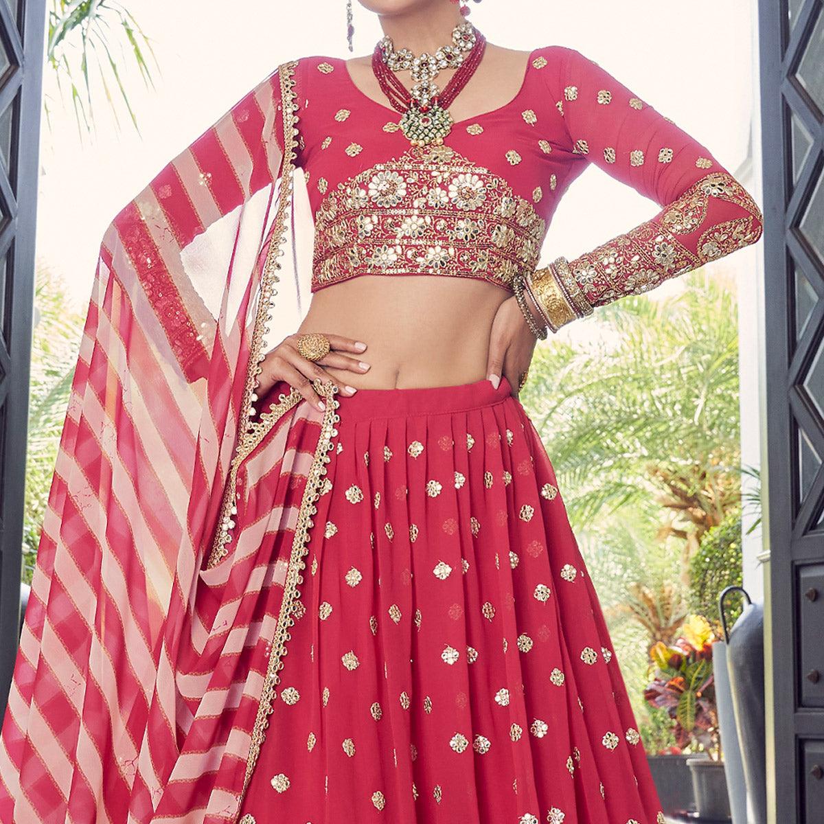 Red Embellished With Embroidered Georgette Lehenga Choli - Peachmode