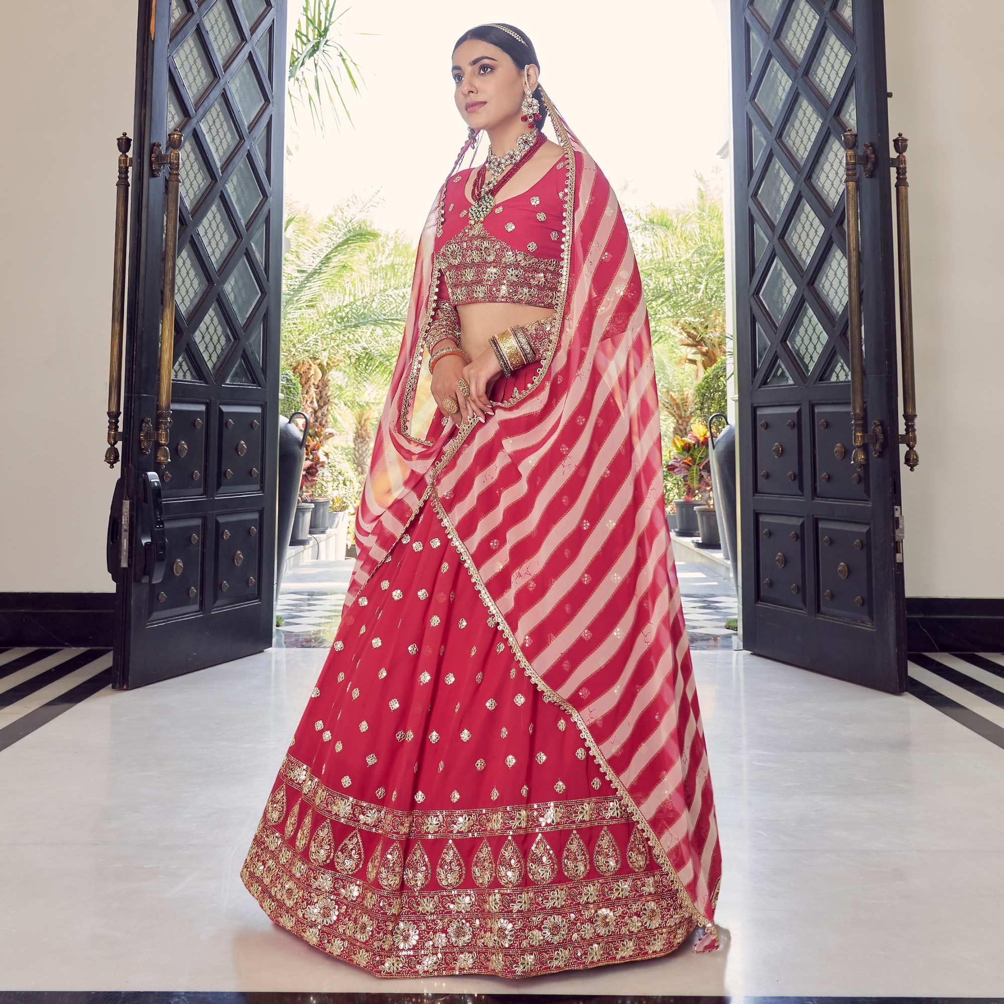 Red Embellished With Embroidered Georgette Lehenga Choli - Peachmode