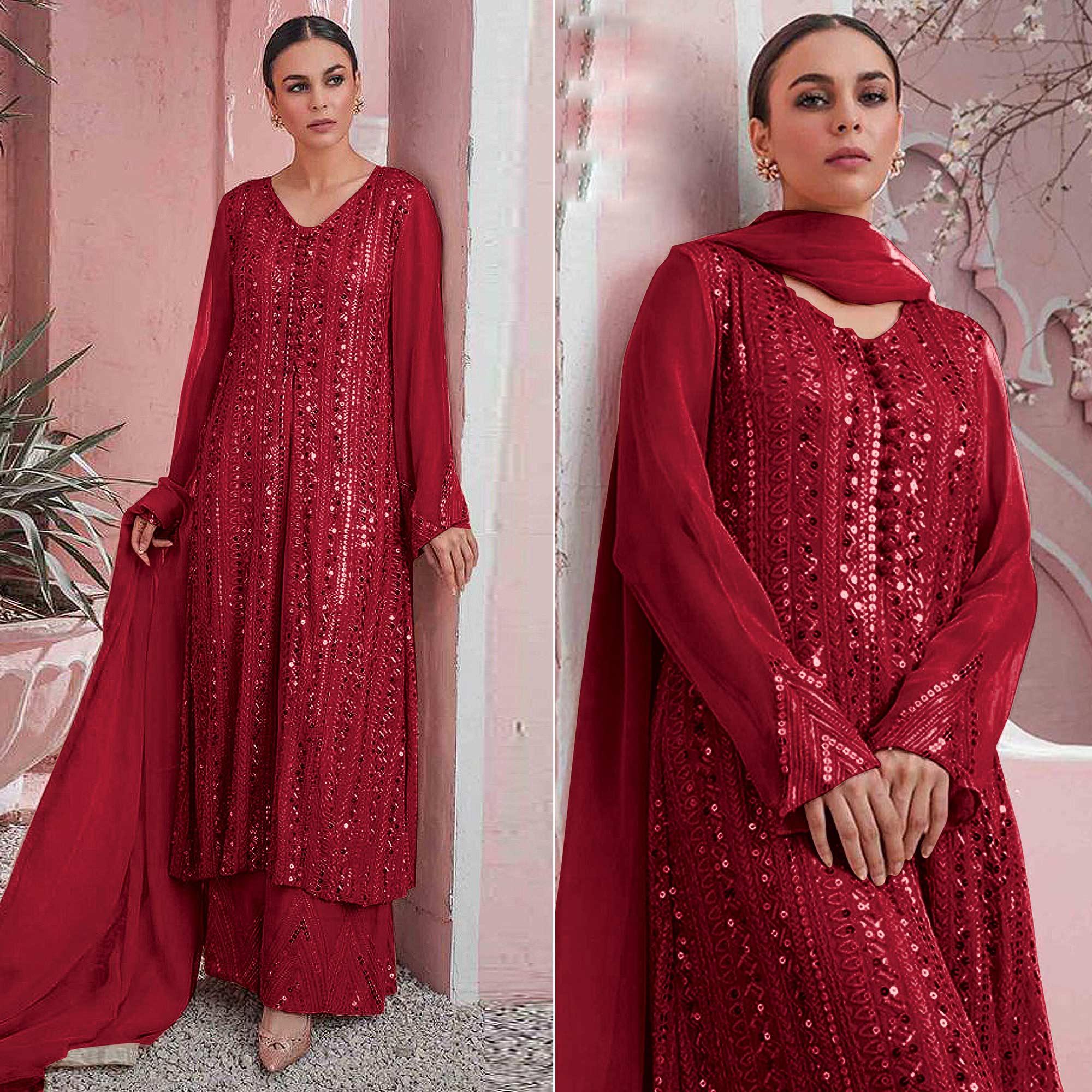 Red Embellished With Embroidered Georgette Palazzo Suit - Peachmode