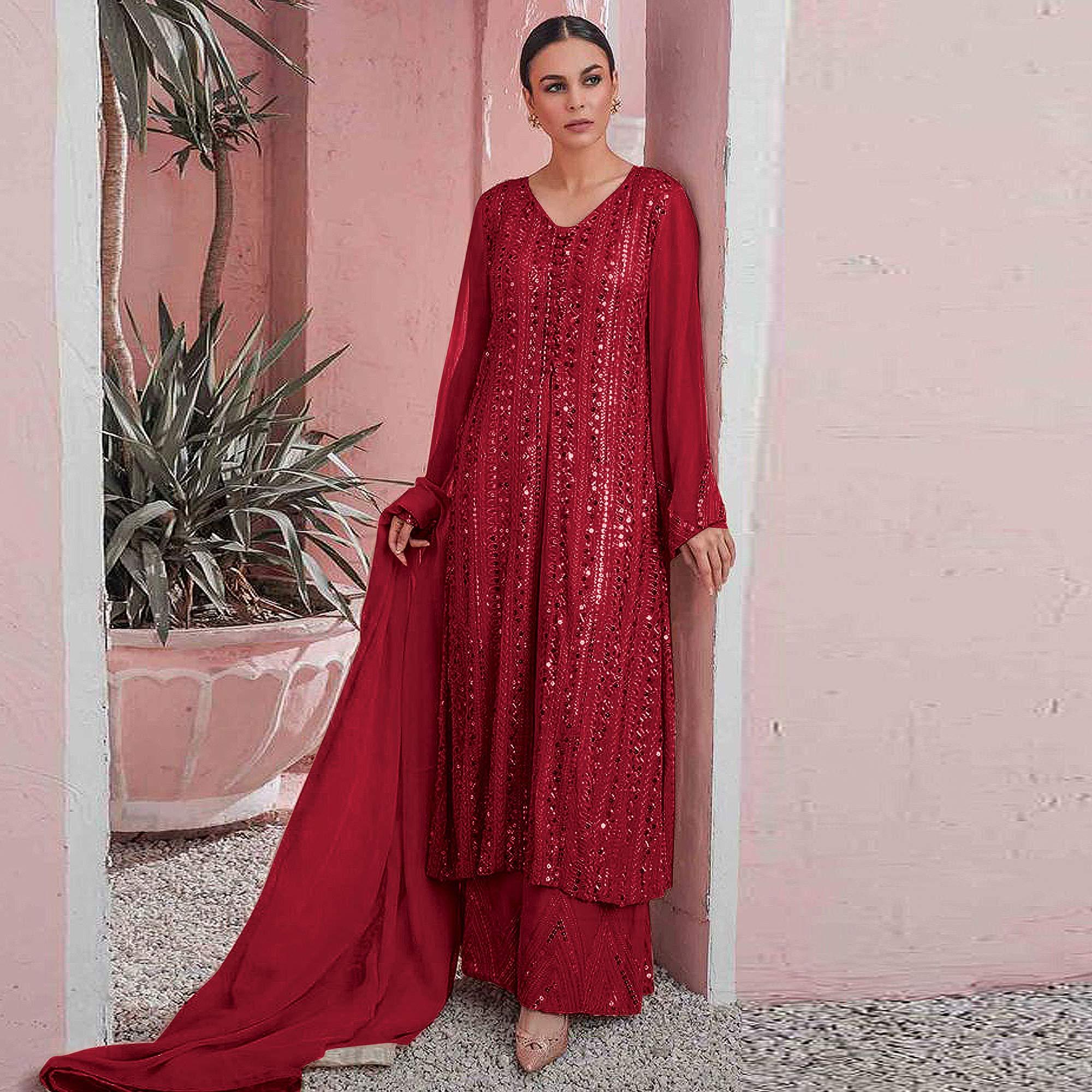 Red Embellished With Embroidered Georgette Palazzo Suit - Peachmode