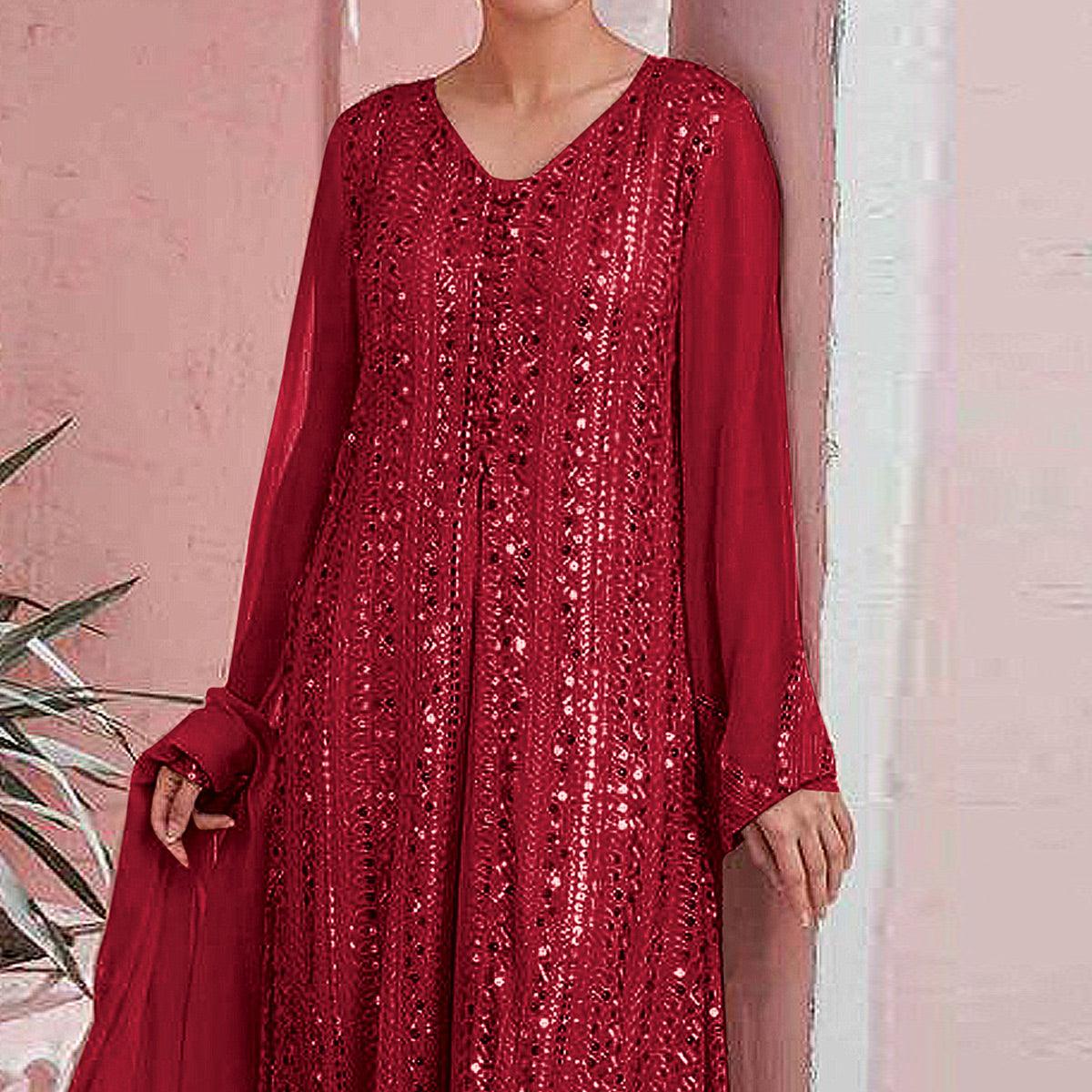 Red Embellished With Embroidered Georgette Palazzo Suit - Peachmode