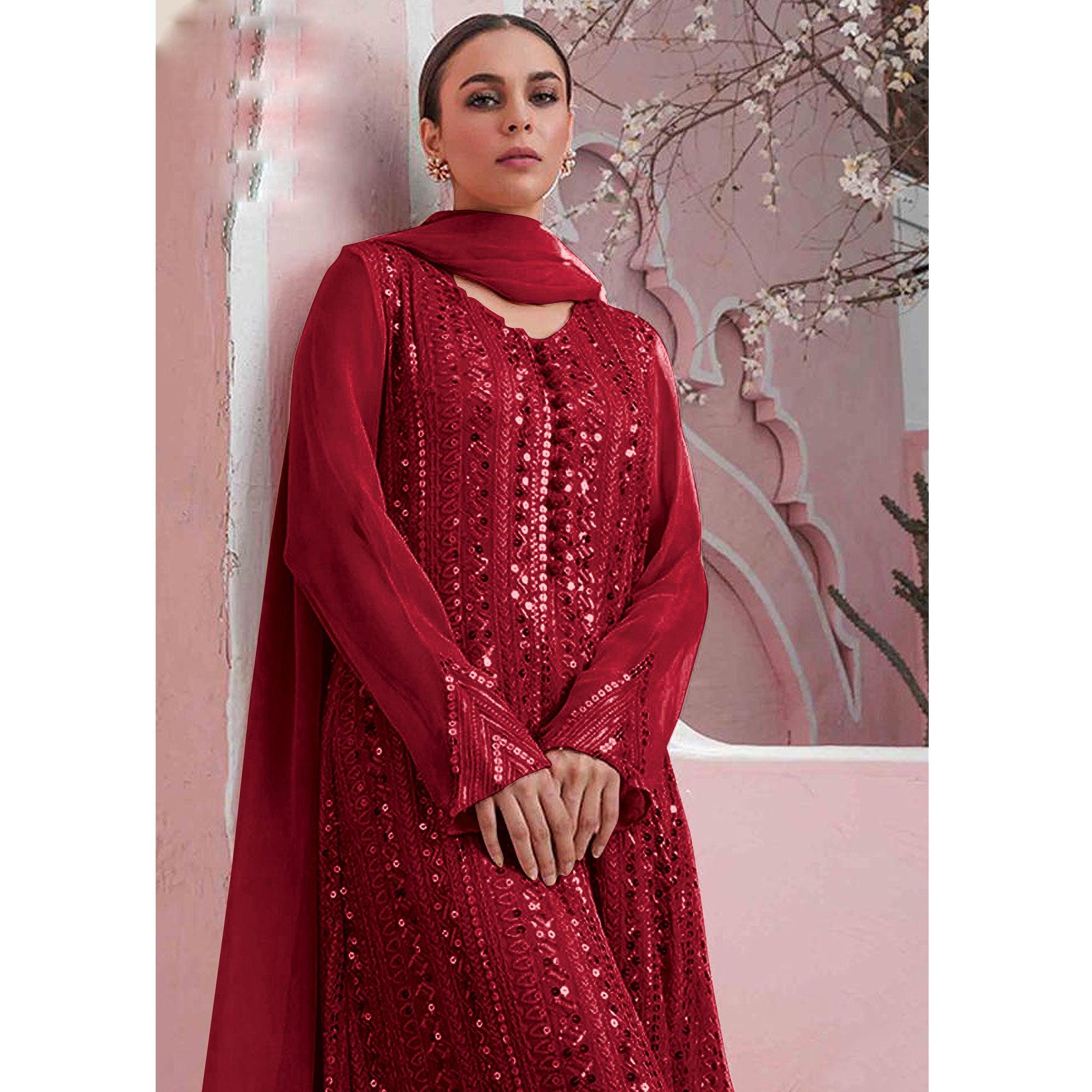 Red Embellished With Embroidered Georgette Palazzo Suit - Peachmode