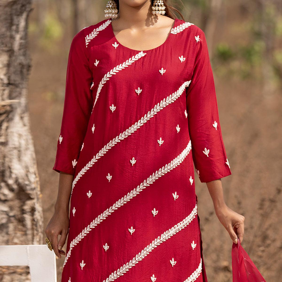 Red Embellished With Embroidered Muslin Kurti Pant Set With Dupatta - Peachmode