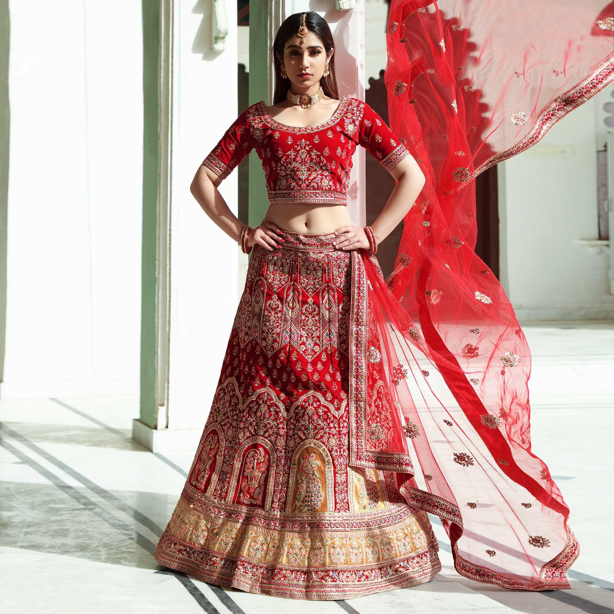 Red Embellished With Embroidered Velvet Lehenga Choli - Peachmode