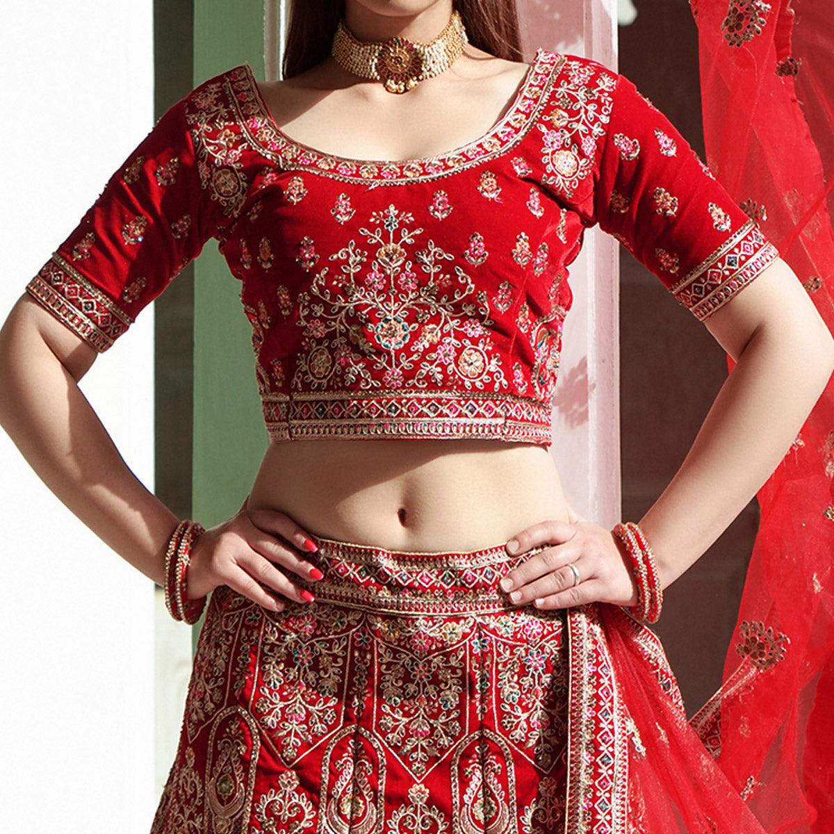 Red Embellished With Embroidered Velvet Lehenga Choli - Peachmode