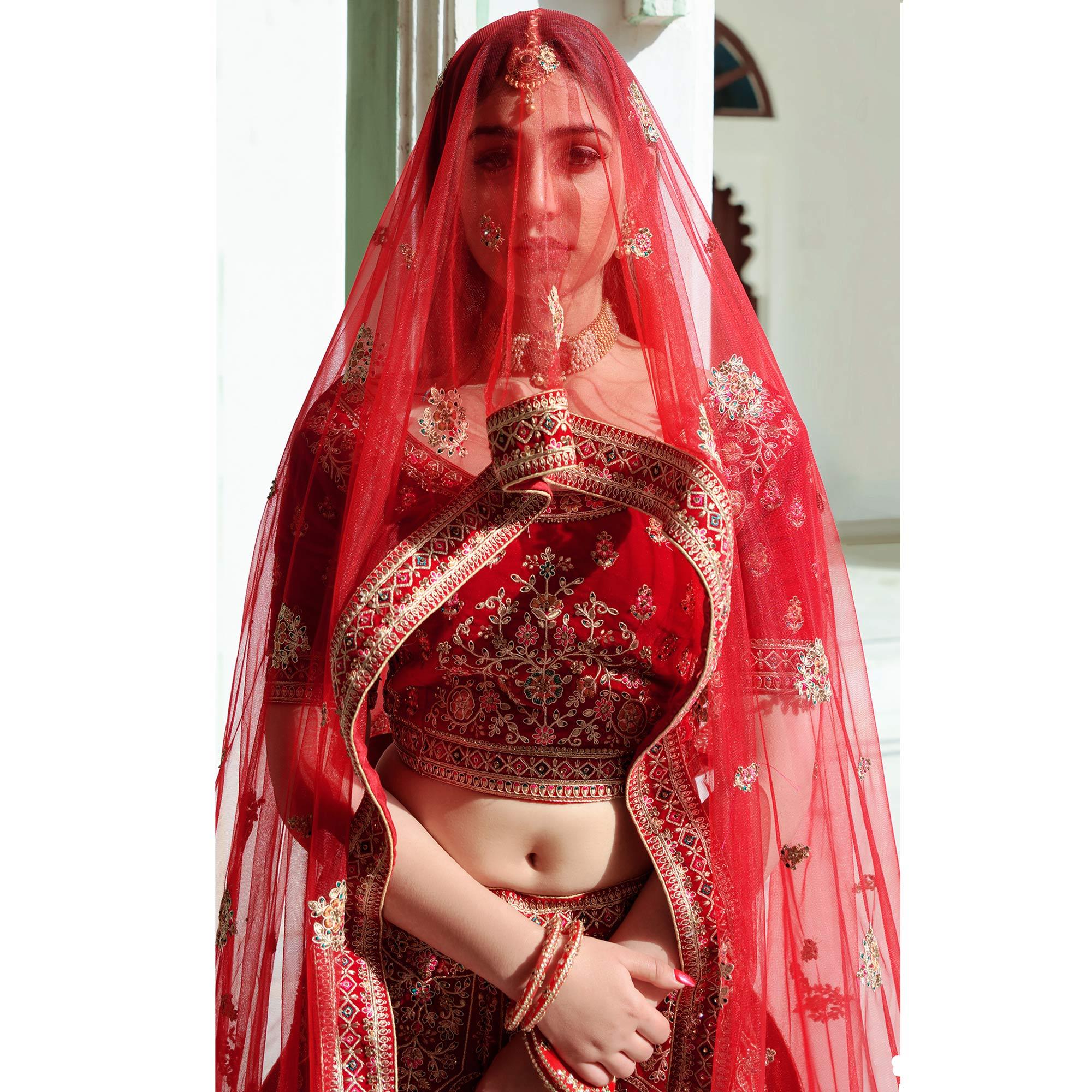 Red Embellished With Embroidered Velvet Lehenga Choli - Peachmode