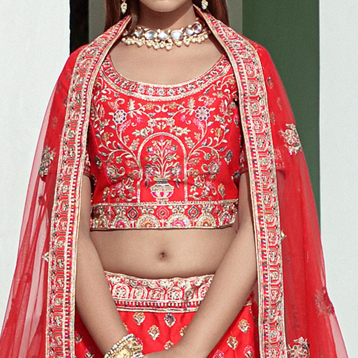 Red Embellished With Embroidered Velvet Lehenga Choli - Peachmode