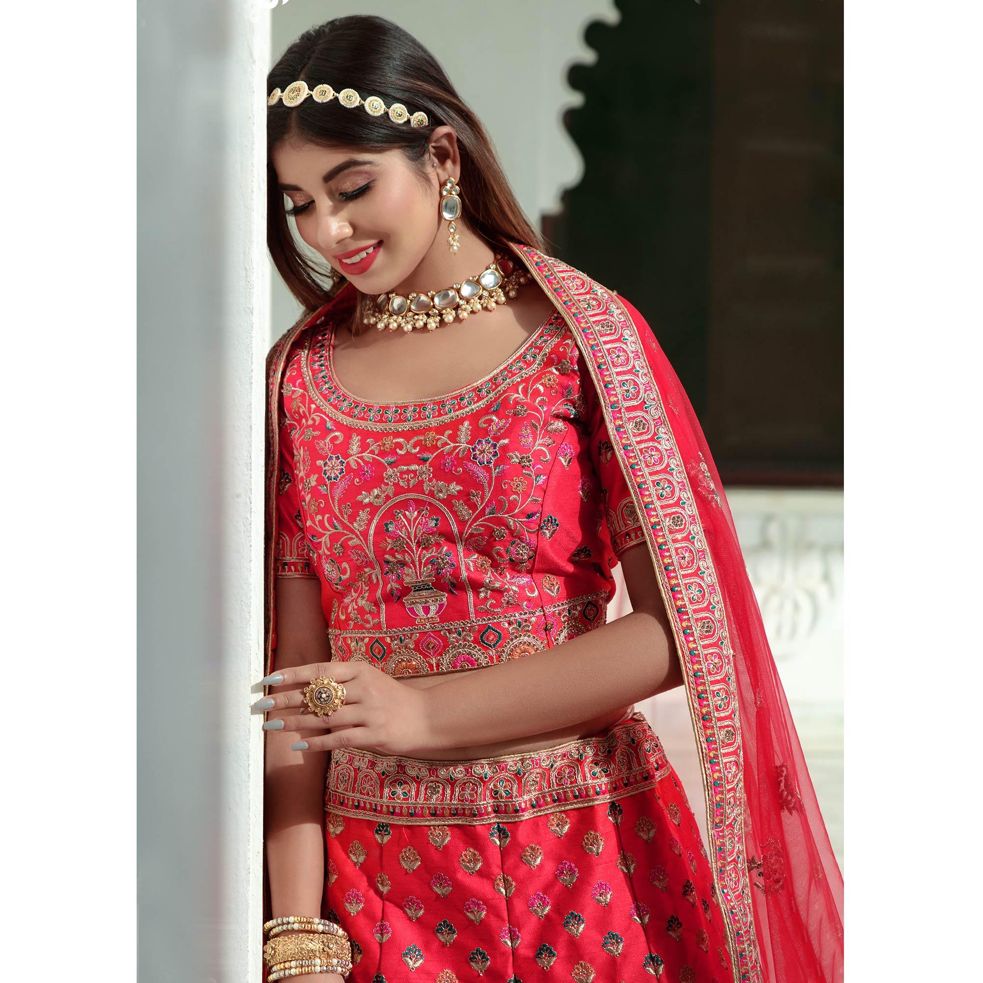 Red Embellished With Embroidered Velvet Lehenga Choli - Peachmode