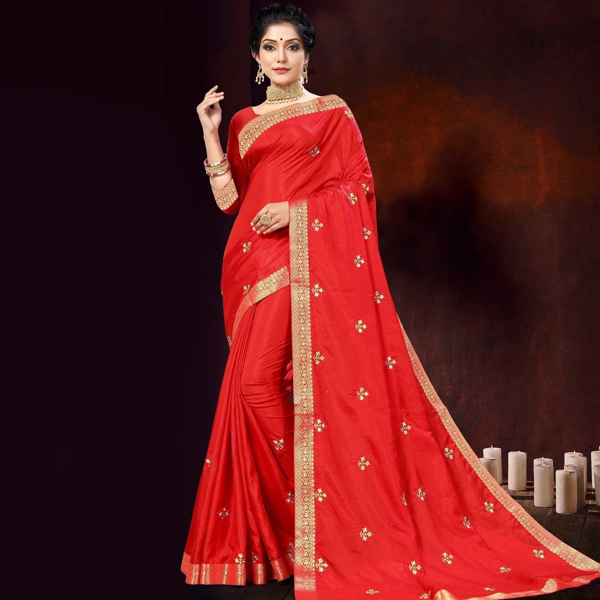 Red Embellished With Embroidered Vichitra Silk Saree - Peachmode