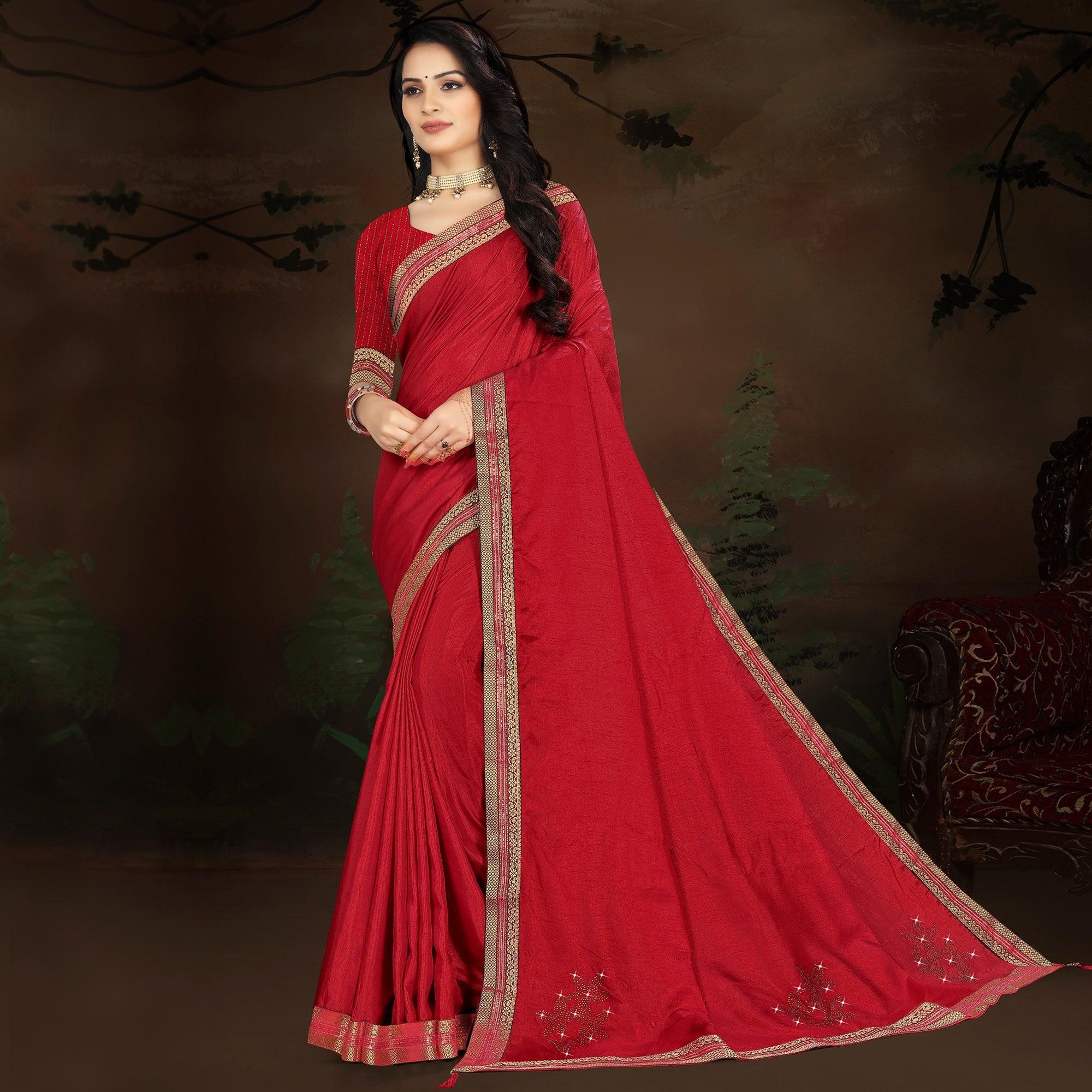 Red Embellished With Embroidered Vichitra Silk Saree - Peachmode
