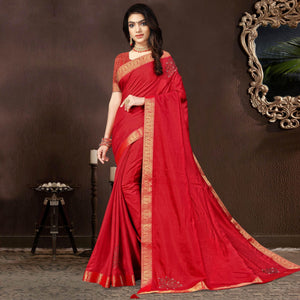 Red Embellished With Embroidered Vichitra Silk Saree - Peachmode