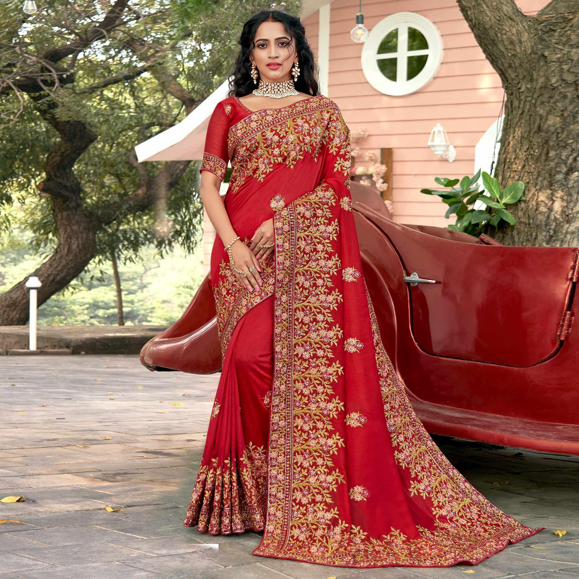 Red Embellished With Embroidered Vichitra Silk Saree - Peachmode
