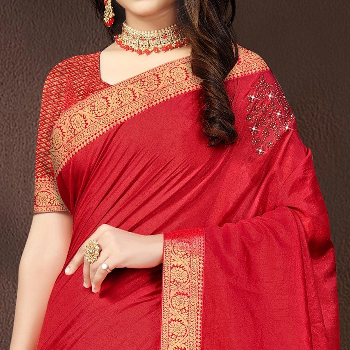 Red saree with zari and kundan embellished border