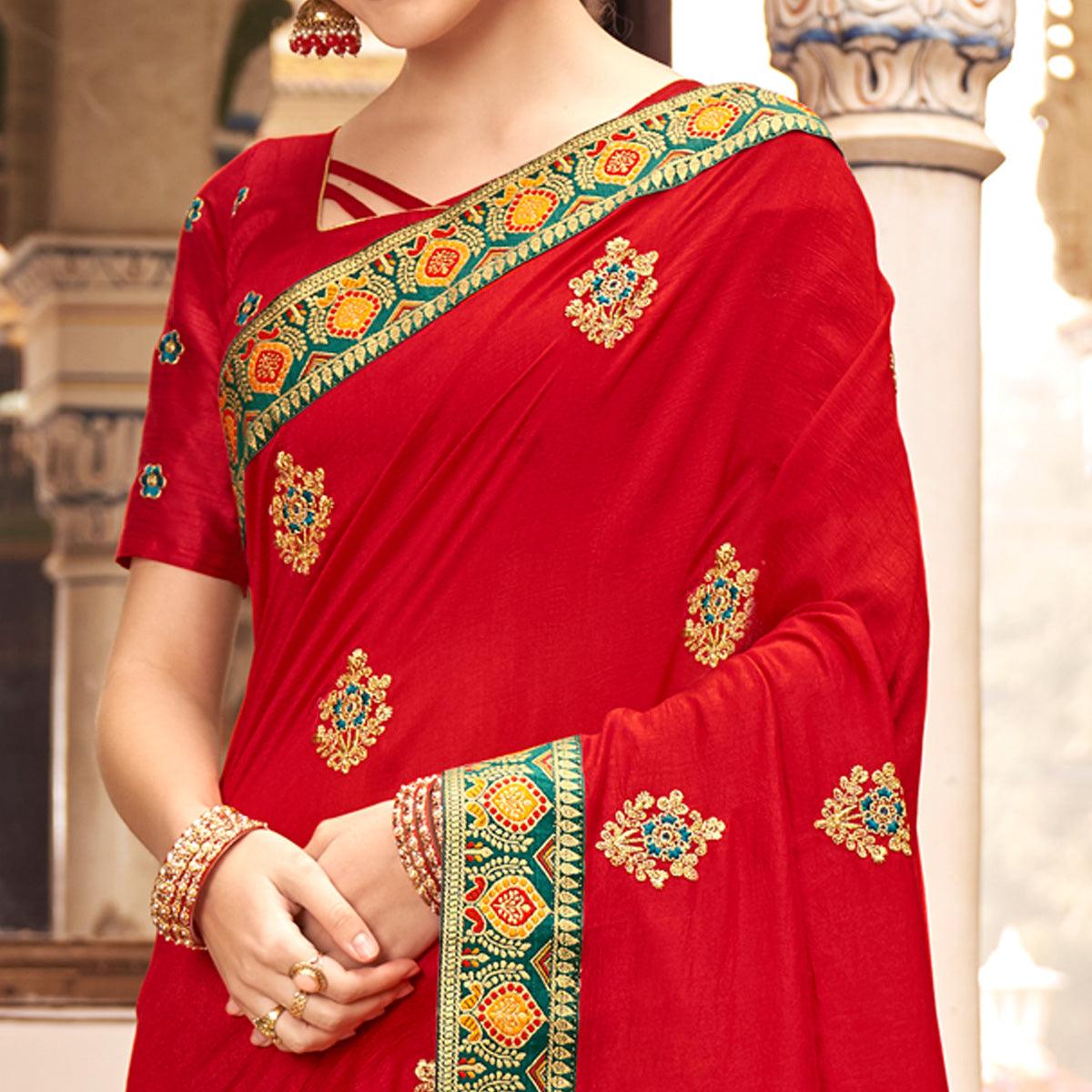 Red Embellished With Embroidered Vichitra Silk Saree - Peachmode