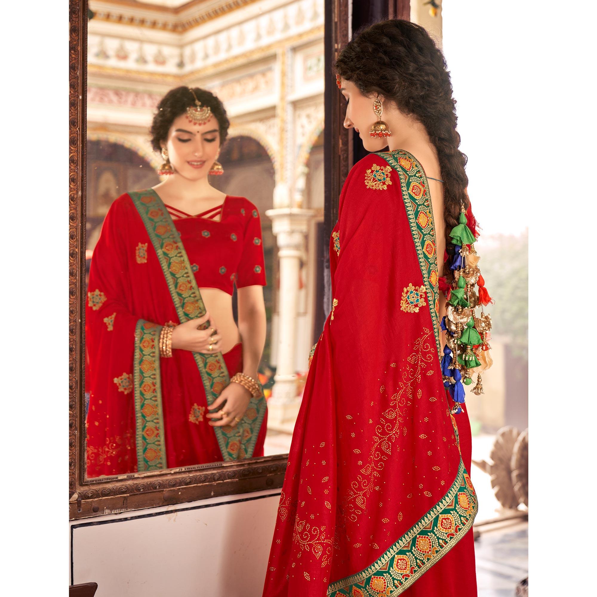 Red Embellished With Embroidered Vichitra Silk Saree - Peachmode