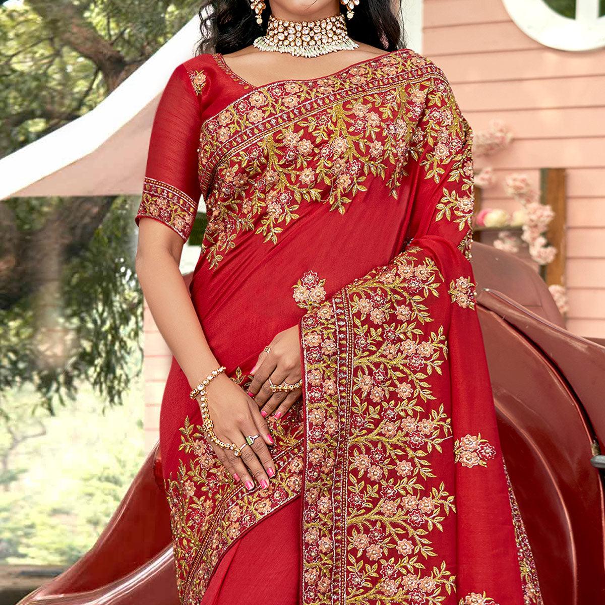 Red Embellished With Embroidered Vichitra Silk Saree - Peachmode