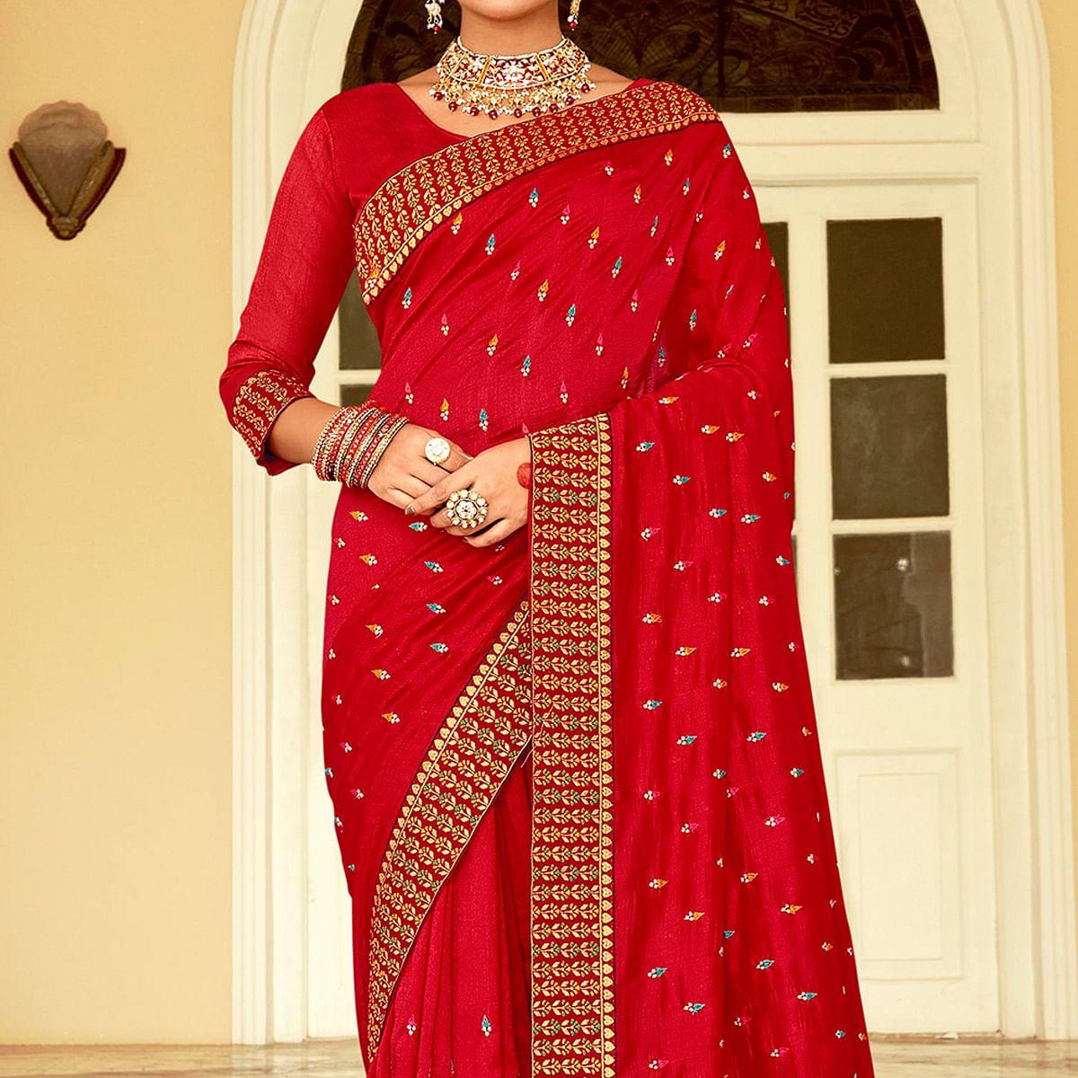 Red Embellished With Embroidered Vichitra Silk Saree - Peachmode