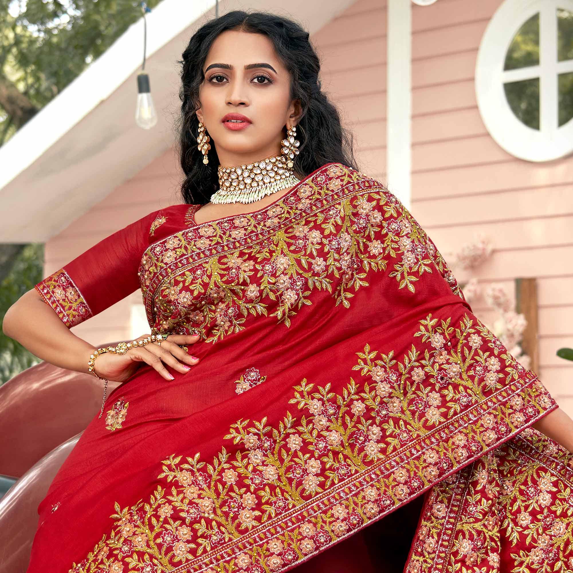 Red Embellished With Embroidered Vichitra Silk Saree - Peachmode
