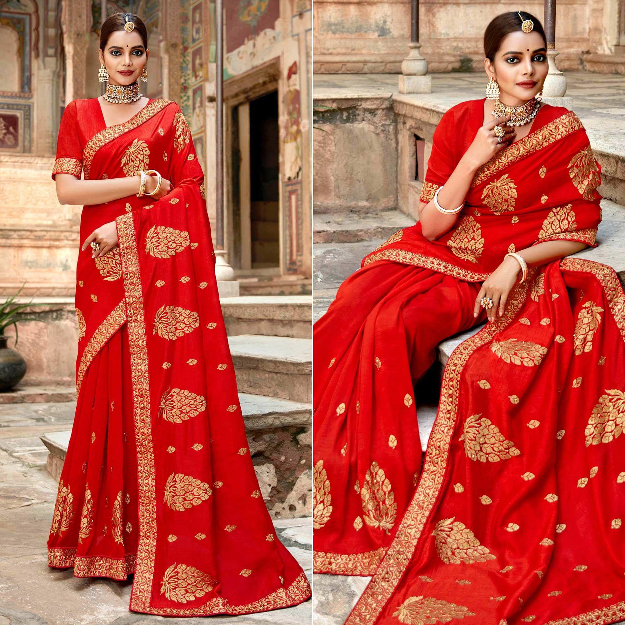 Red Embellished With Woven Vichitra Silk Saree - Peachmode