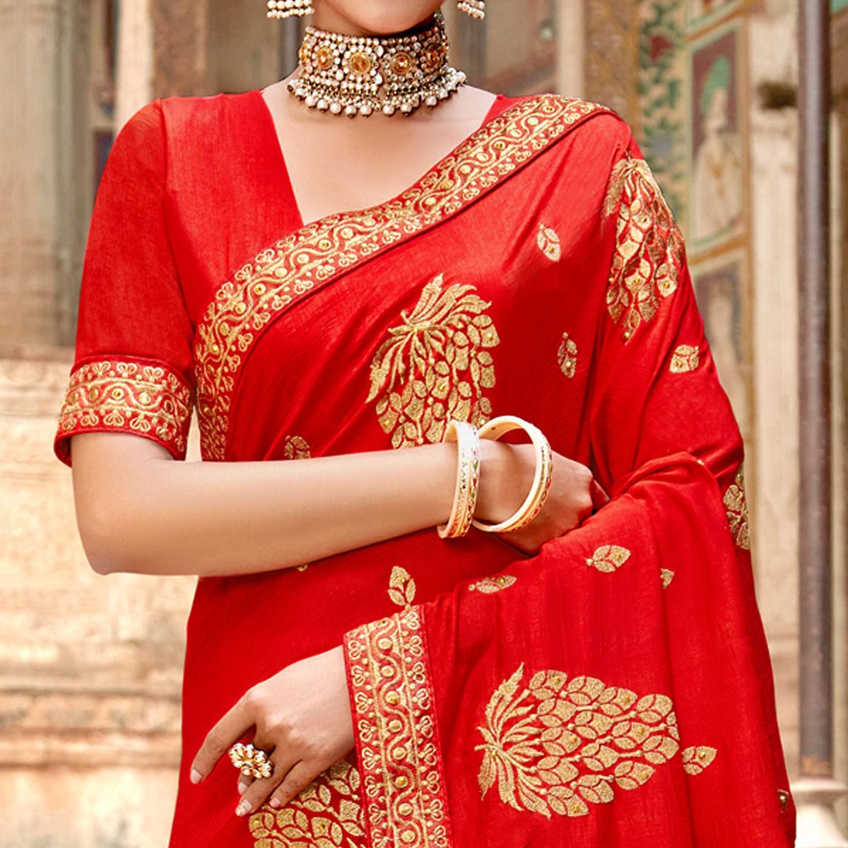 Red Embellished With Woven Vichitra Silk Saree - Peachmode