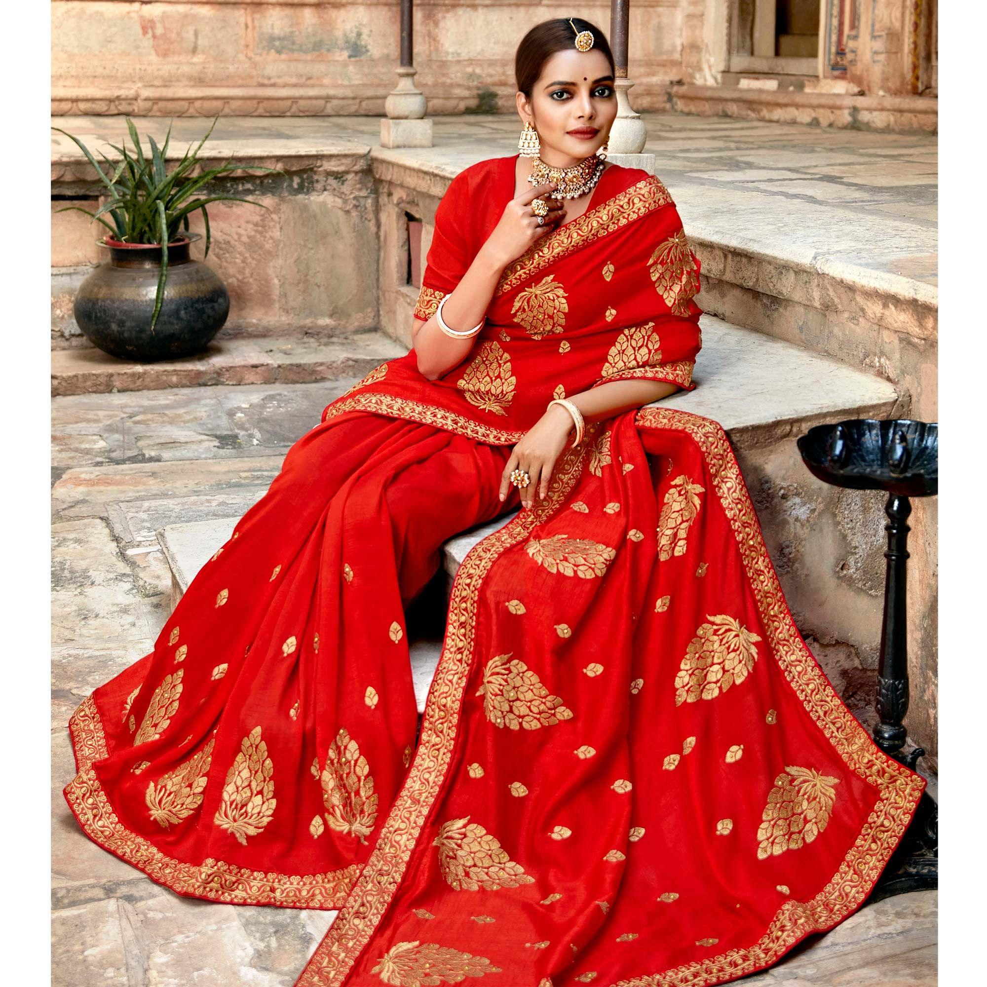 Red Embellished With Woven Vichitra Silk Saree - Peachmode